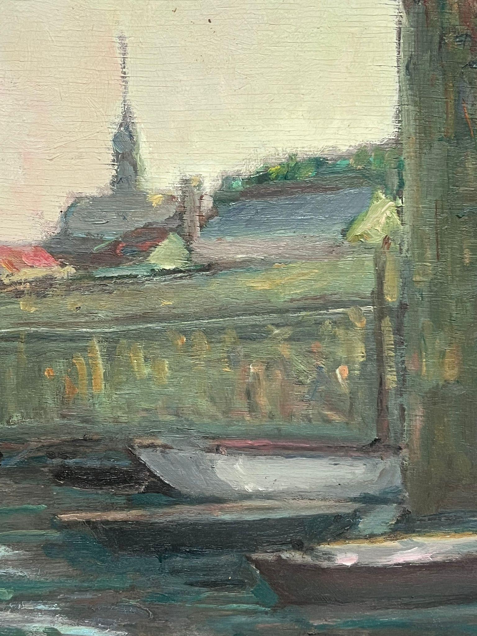 Pittura a olio francese post impressionista degli anni '30 Pescatori in barca Townes d'atmosfera 4