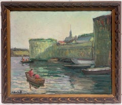 Post Impressionist 1930's French Oil Painting Fishermen in Boat Atmospheric Town