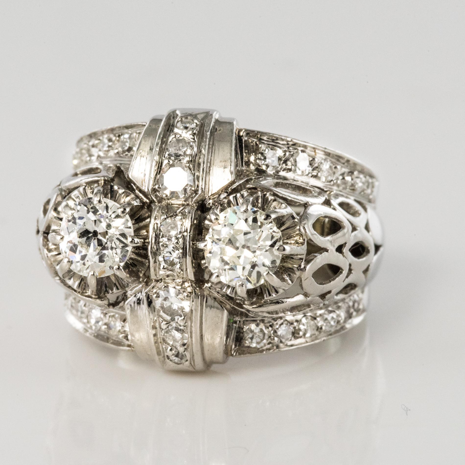 Brilliant Cut French 1930s Platinum 1.25 Carat Diamonds Art Deco Ring For Sale