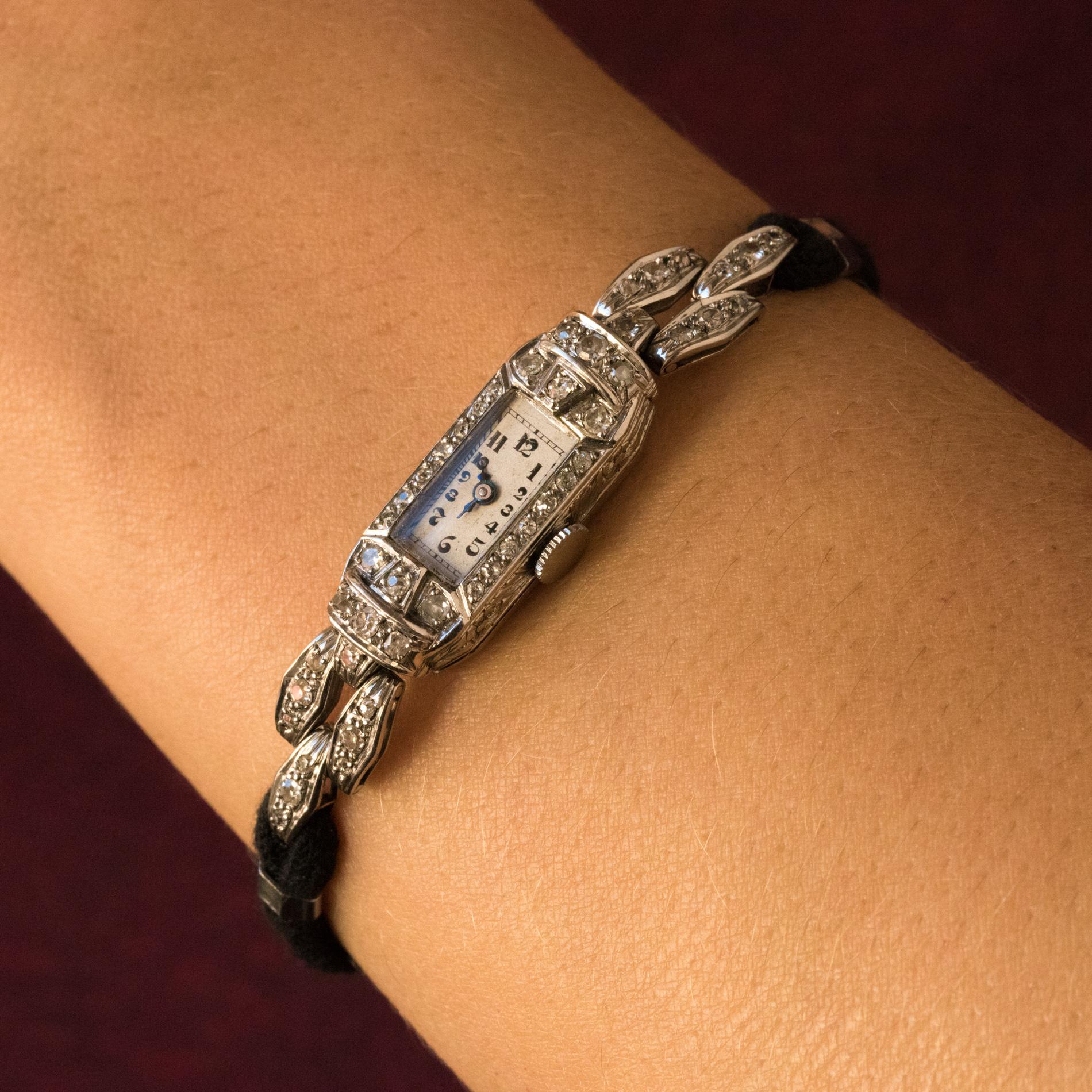 French 1930s Platinum 18 Karat White Gold Diamond Art Deco Lady Watch ...