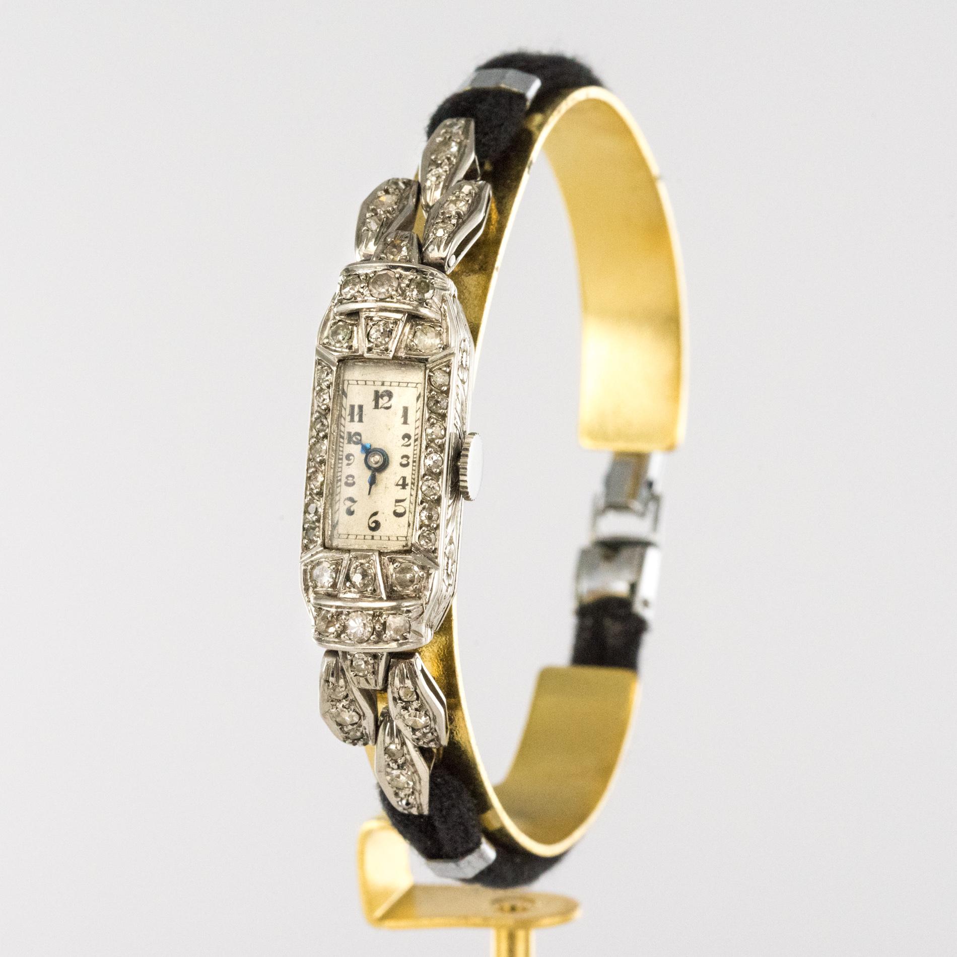 French 1930s Platinum 18 Karat White Gold Diamond Art Deco Lady Watch ...