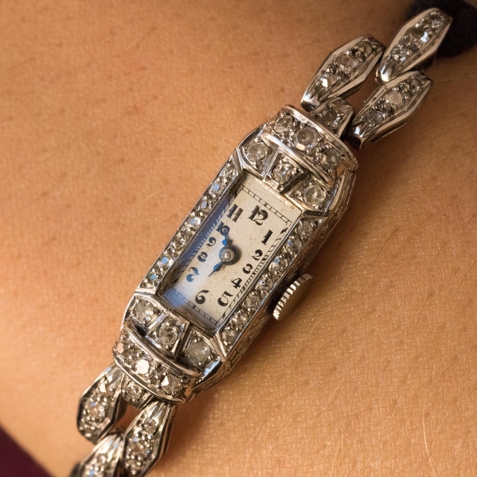 French 1930s Platinum 18 Karat White Gold Diamond Art Deco Lady Watch ...