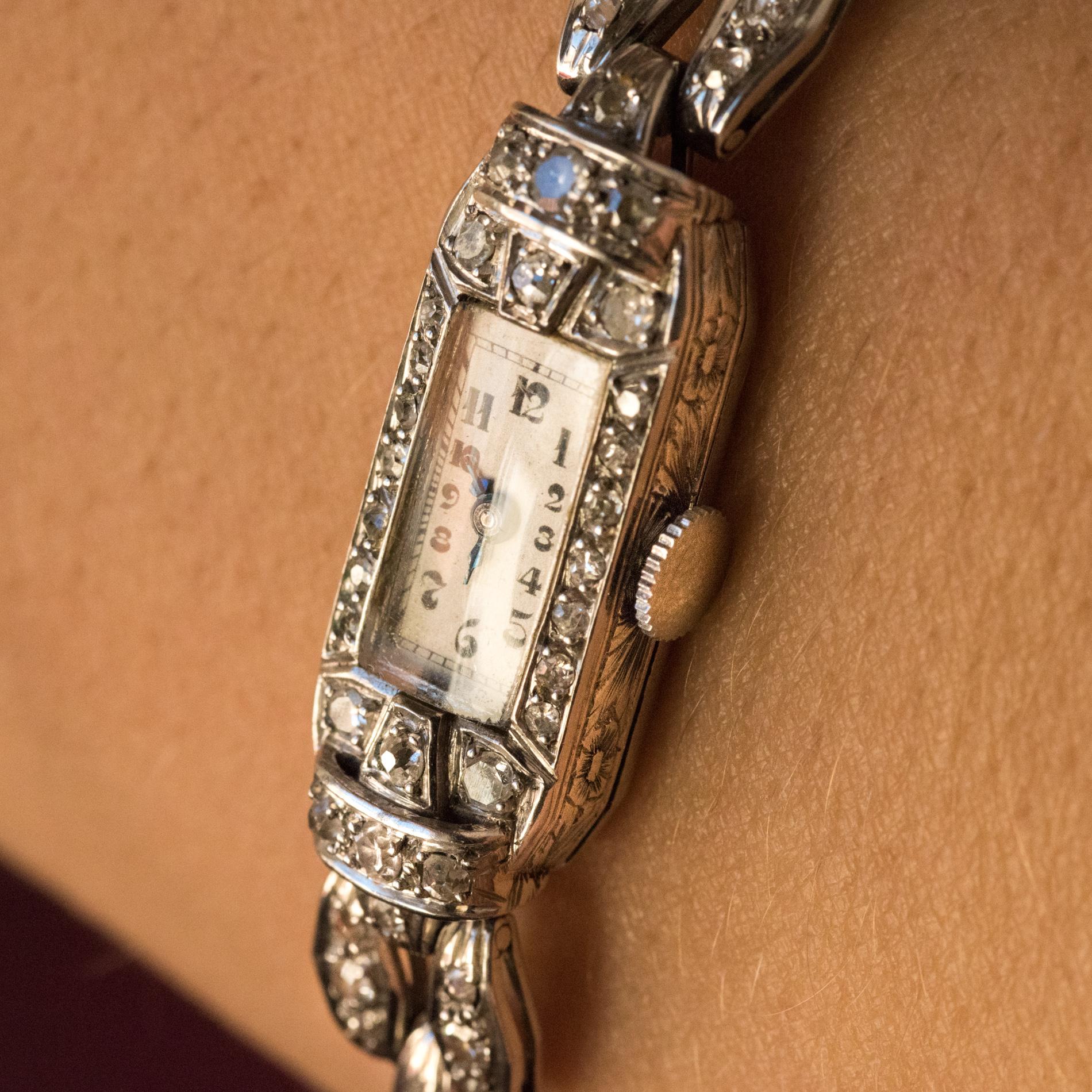 French 1930s Platinum 18 Karat White Gold Diamond Art Deco Lady Watch ...