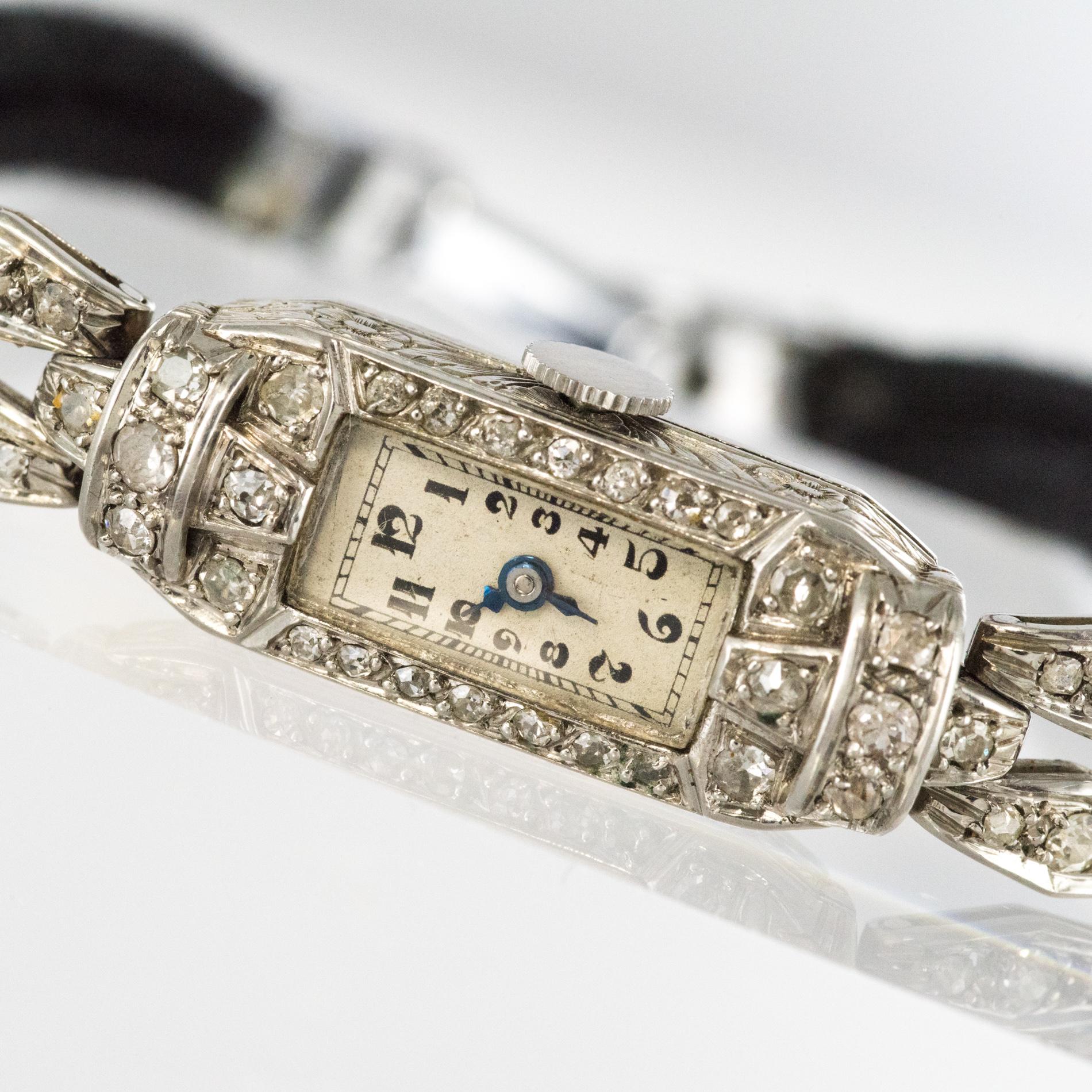 French 1930s Platinum 18 Karat White Gold Diamond Art Deco Lady Watch ...
