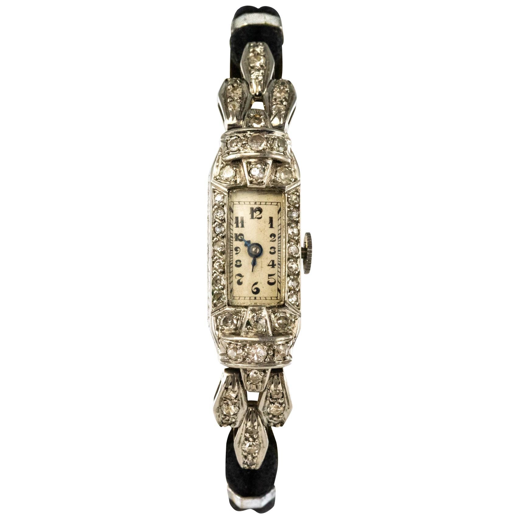 French 1930s Platinum 18 Karat White Gold Diamond Art Deco Lady Watch ...