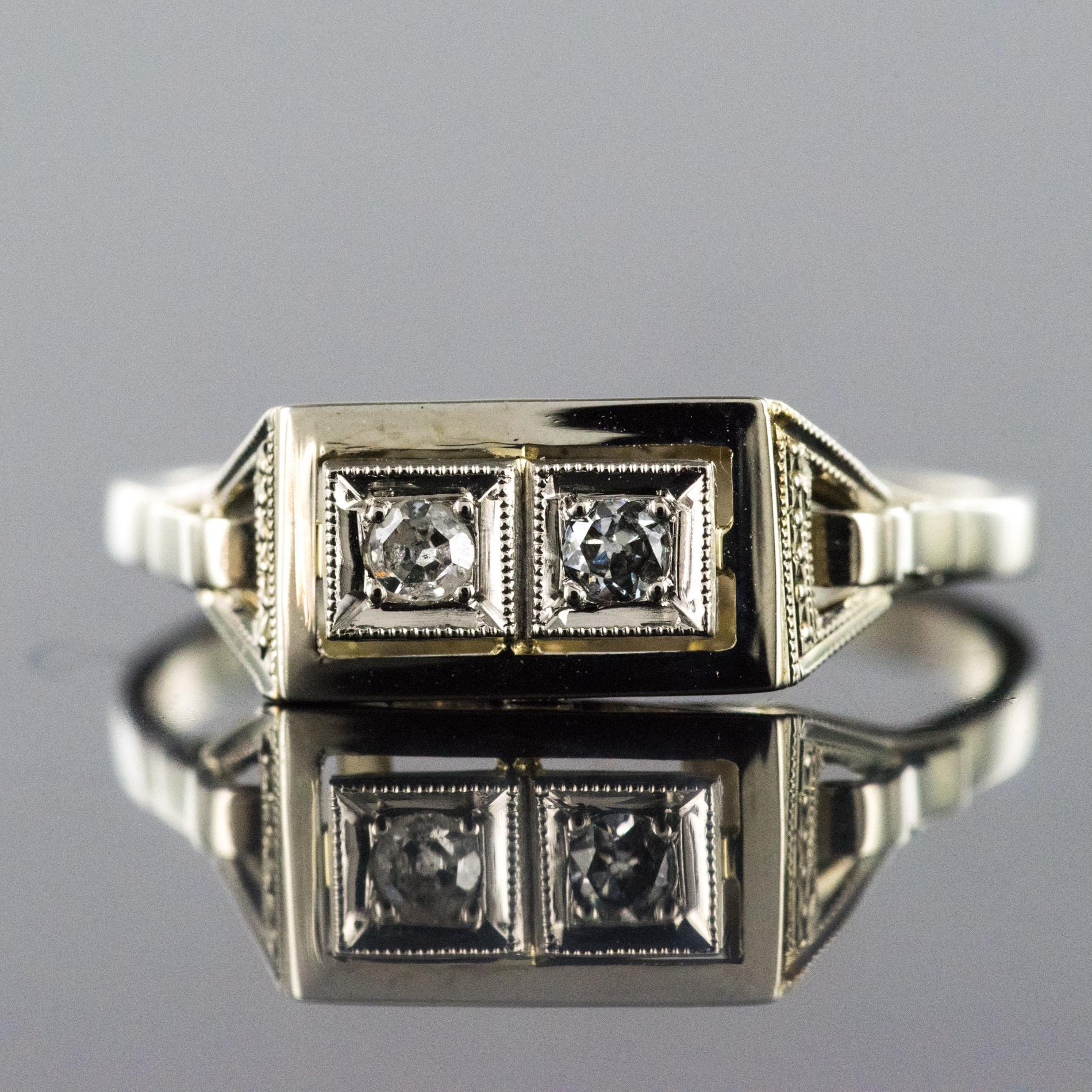 French 1930s Platinum 18 Karat White Gold Diamond Art Deco Ring 7