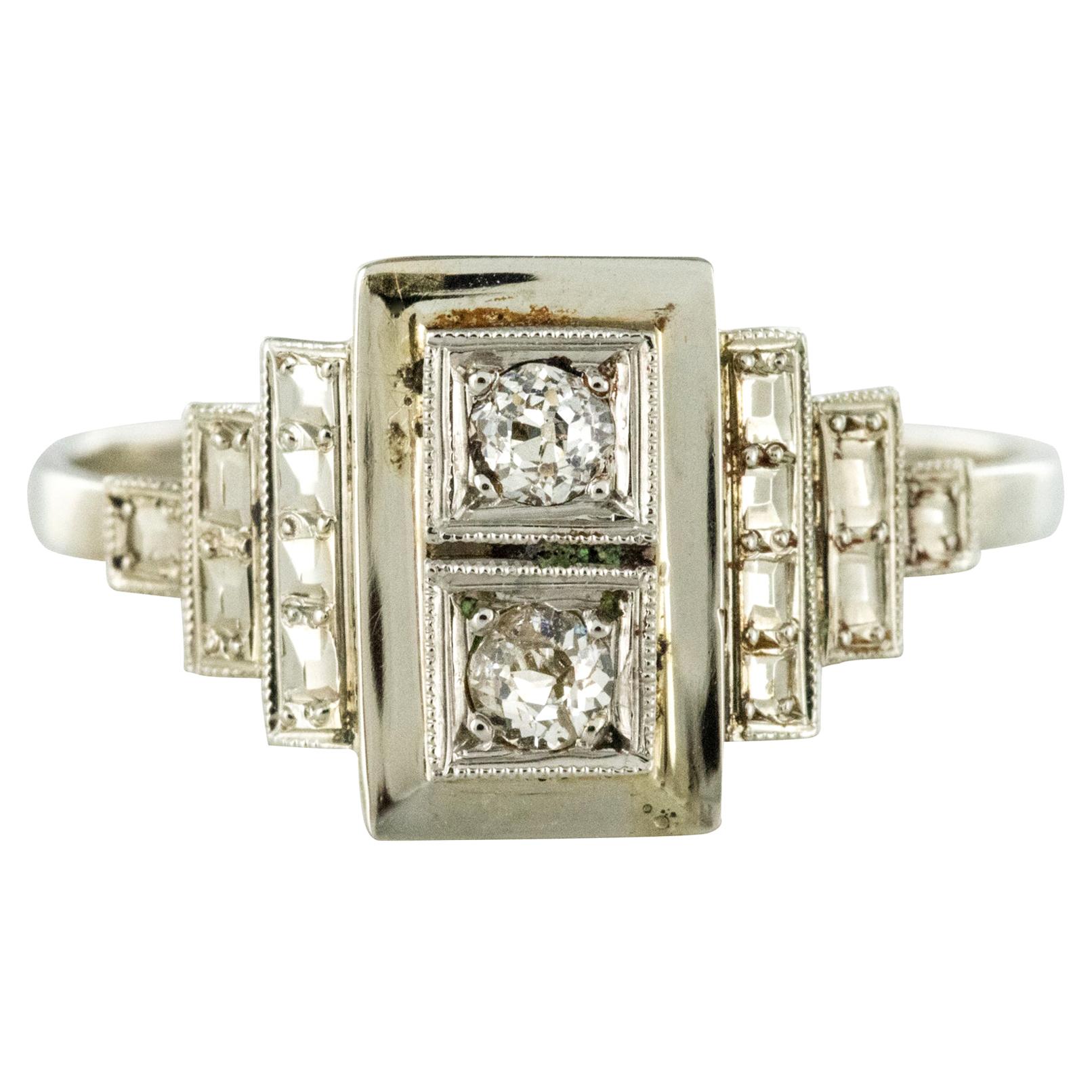 French 1930s Platinum White Gold Diamond Art Deco Ring