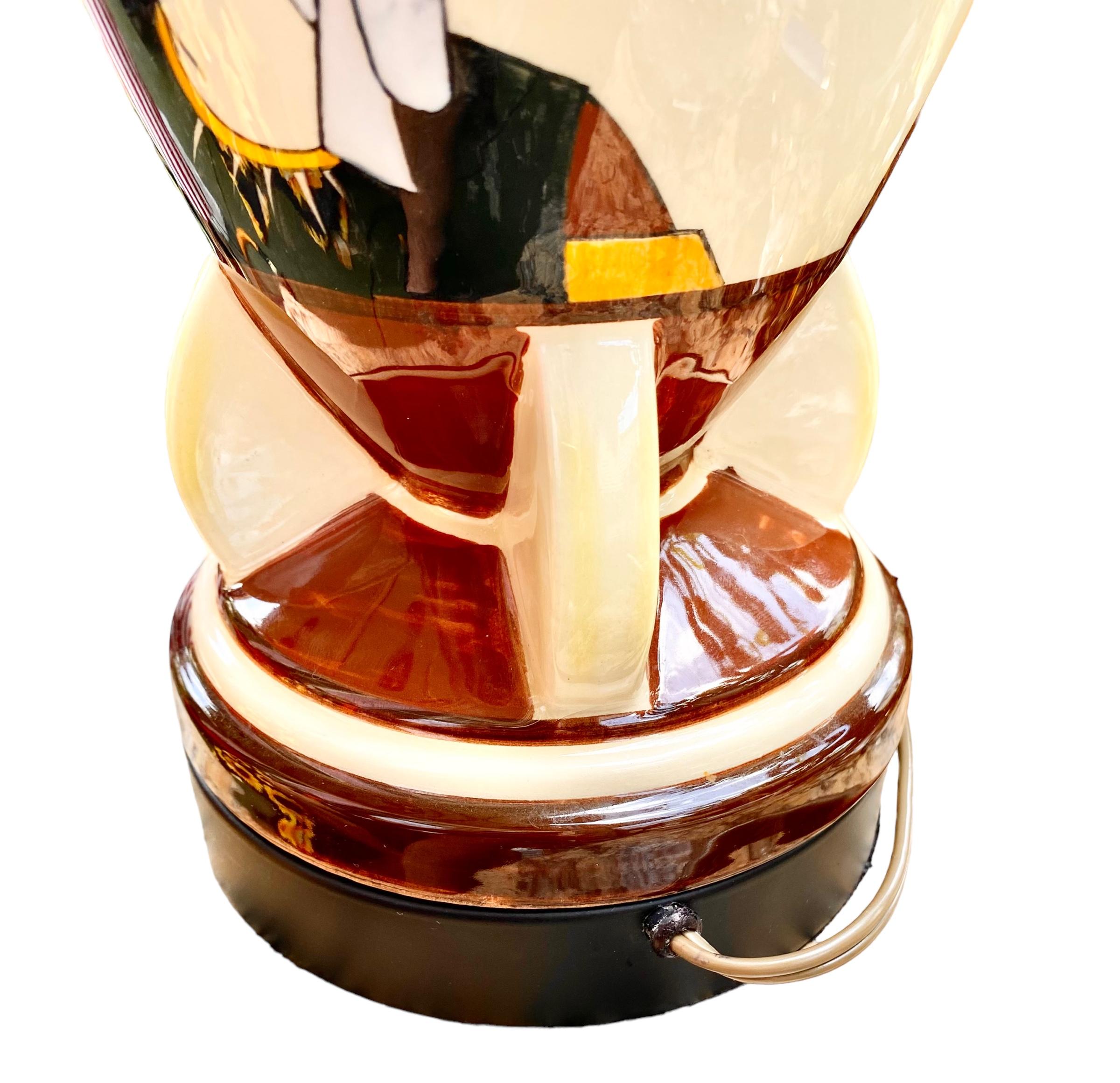 Lampe de bureau française à vase Quimper des années 1930 avec abat-jour en lin en vente 4
