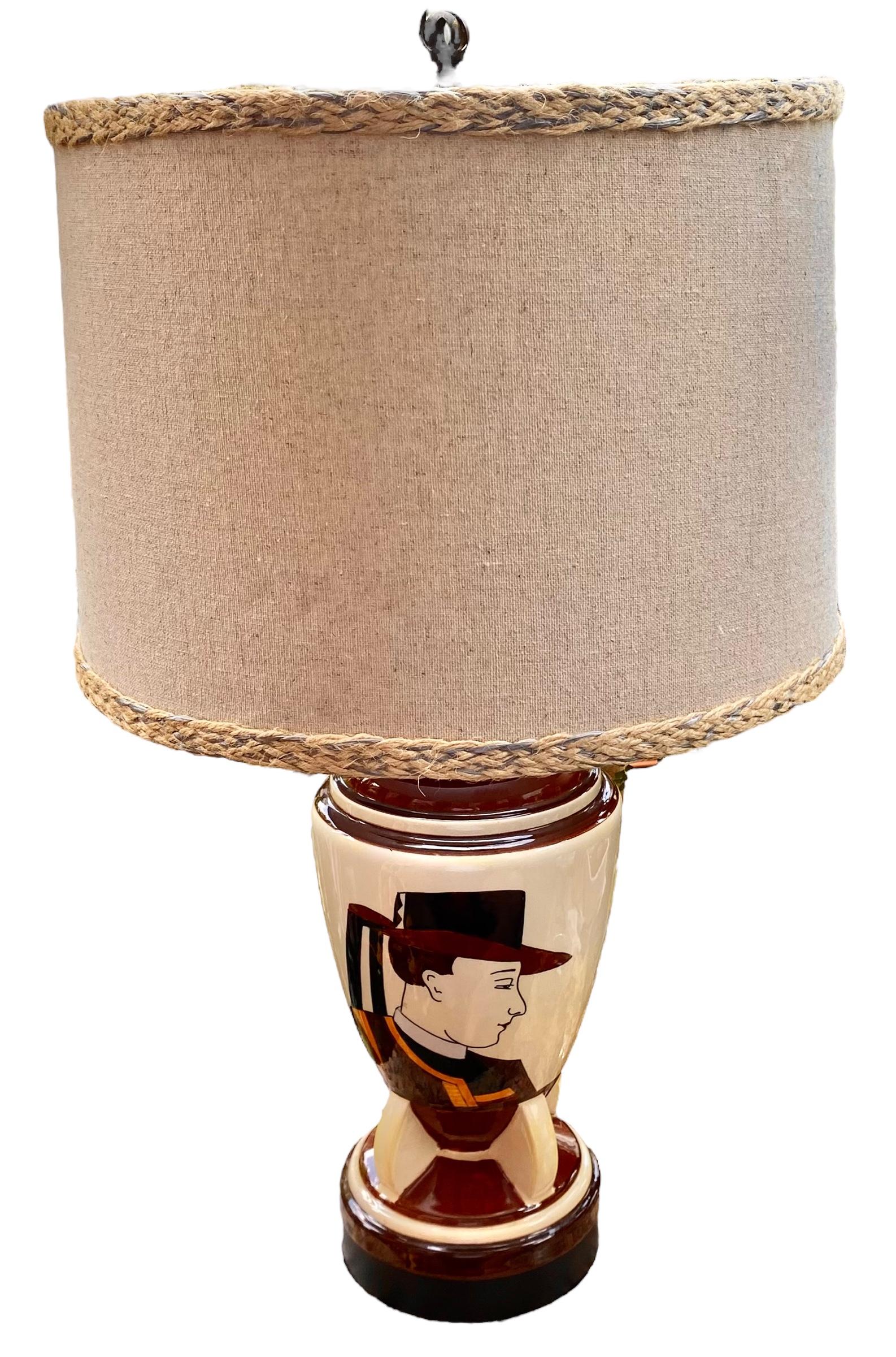 French 1930s Quimper Vase Table Lamp with Linen Shade For Sale 7