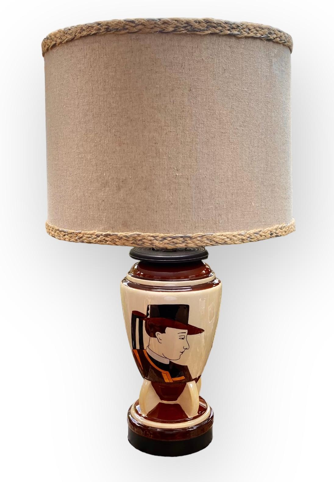 French 1930s Quimper Vase Table Lamp with Linen Shade For Sale 11