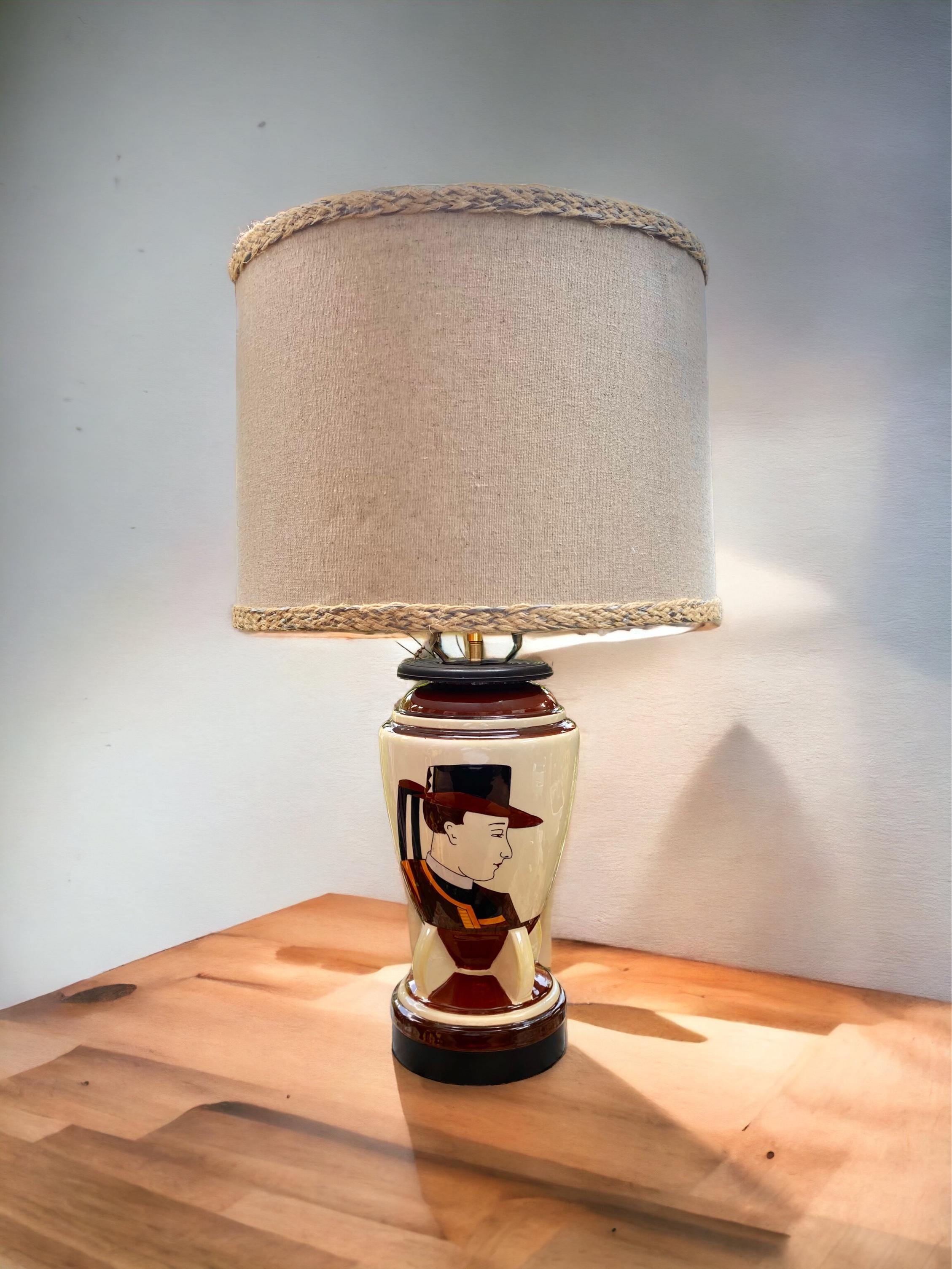 French 1930s Quimper Vase Table Lamp with Linen Shade For Sale 12