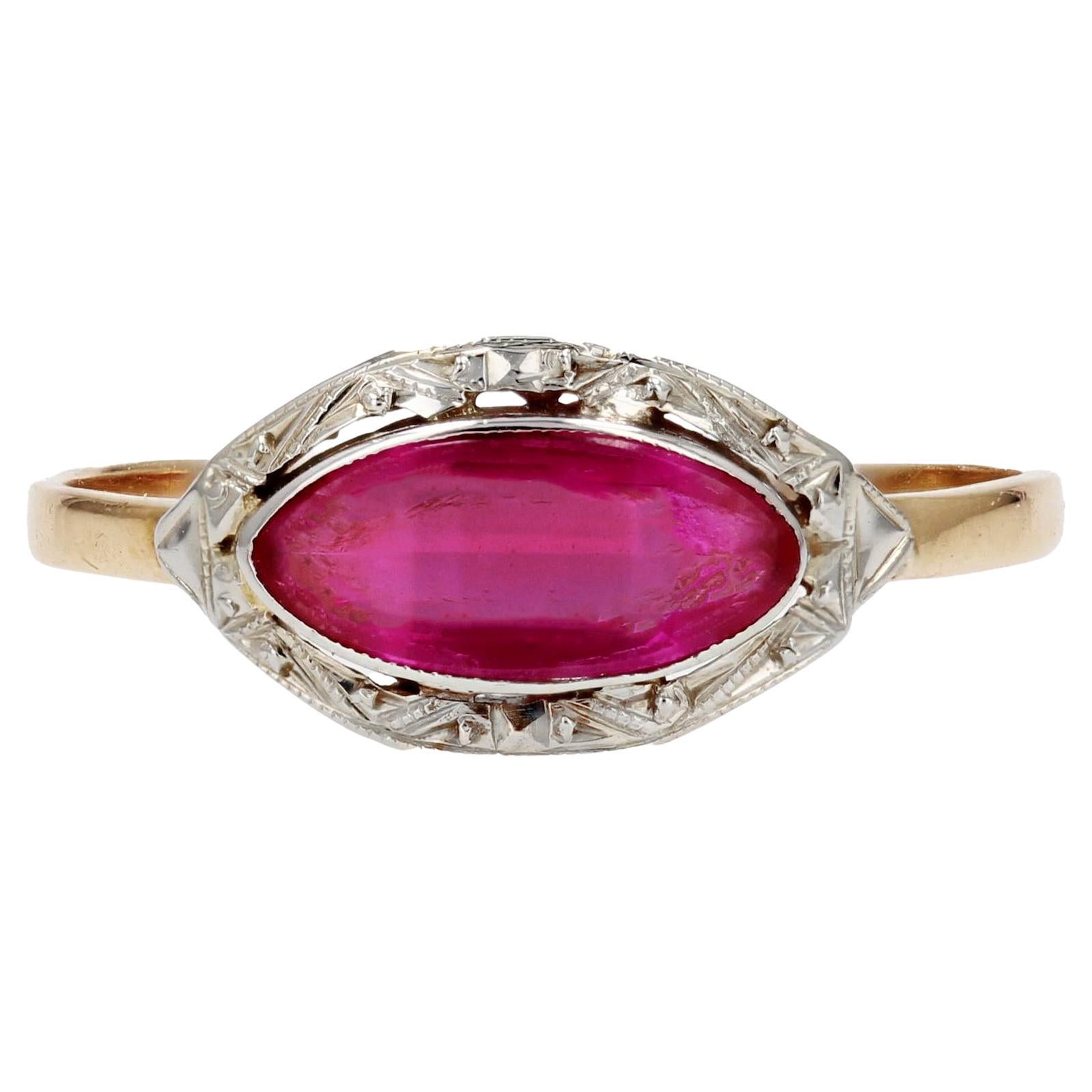 French 1930s Red Gem 18 Karat Yellow Gold Ring