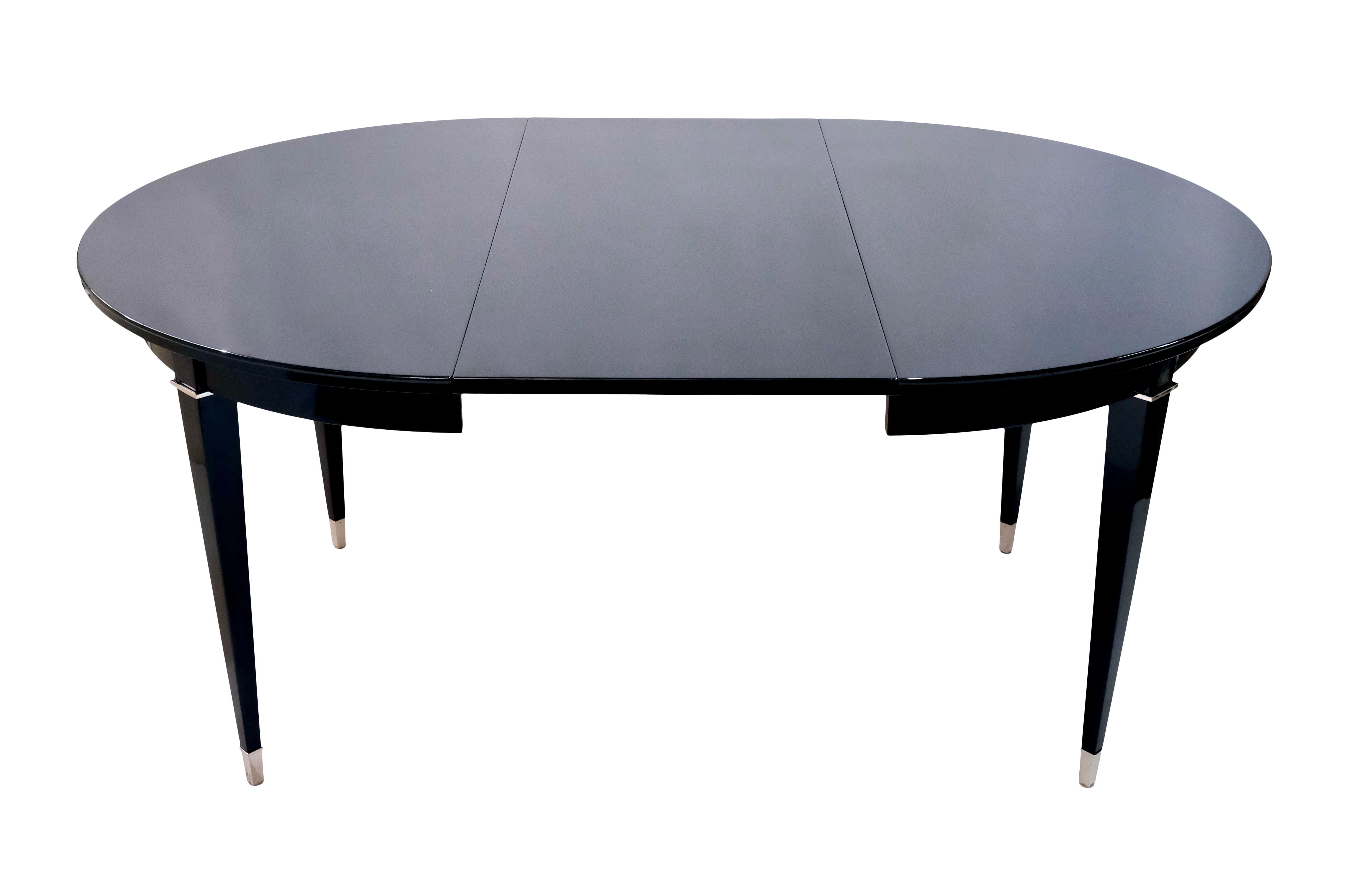 Brass French 1930s Round Art Deco Dining or Center Table in Black Lacquer