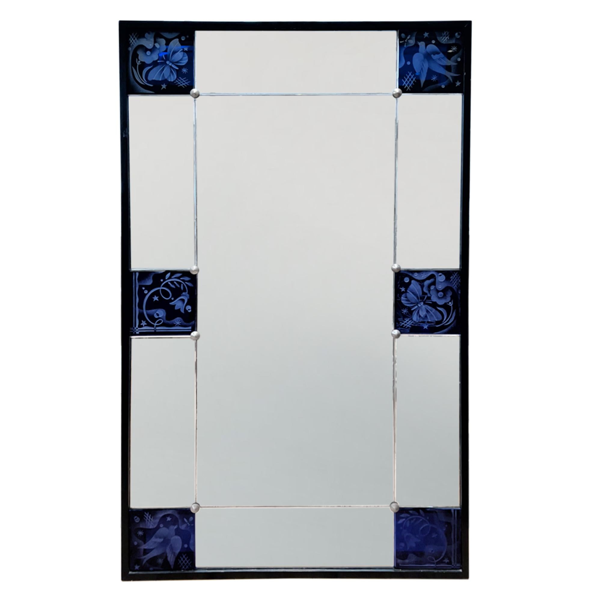 Art Deco French 1930s Sectional Mirror With Blue Etched Panels For Sale