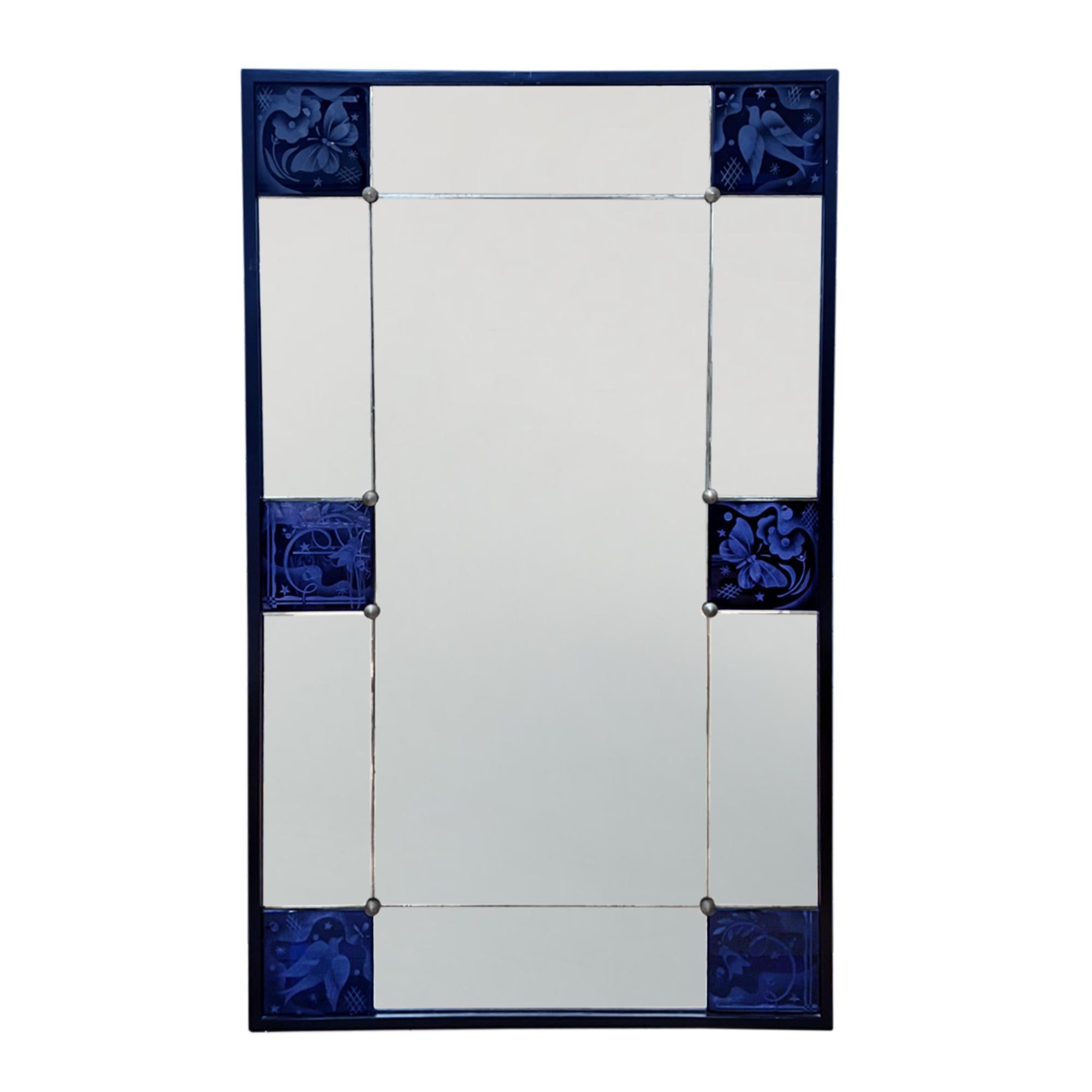 Hand-Crafted French 1930s Sectional Mirror With Blue Etched Panels For Sale