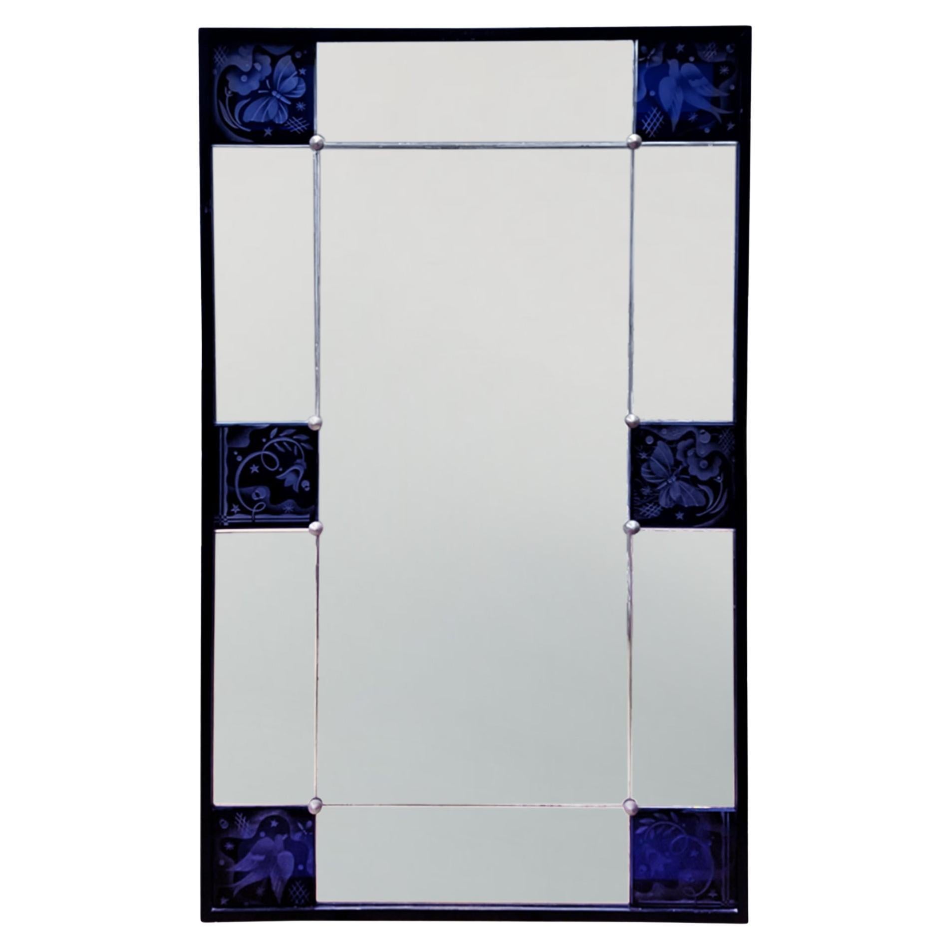 French 1930s Sectional Mirror With Blue Etched Panels For Sale