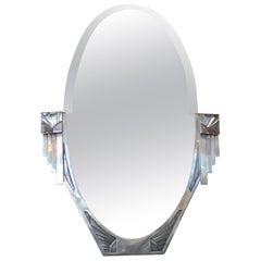 French 1930s Silver Chrome Art Deco Oval Mirror with Original Beveled Glass