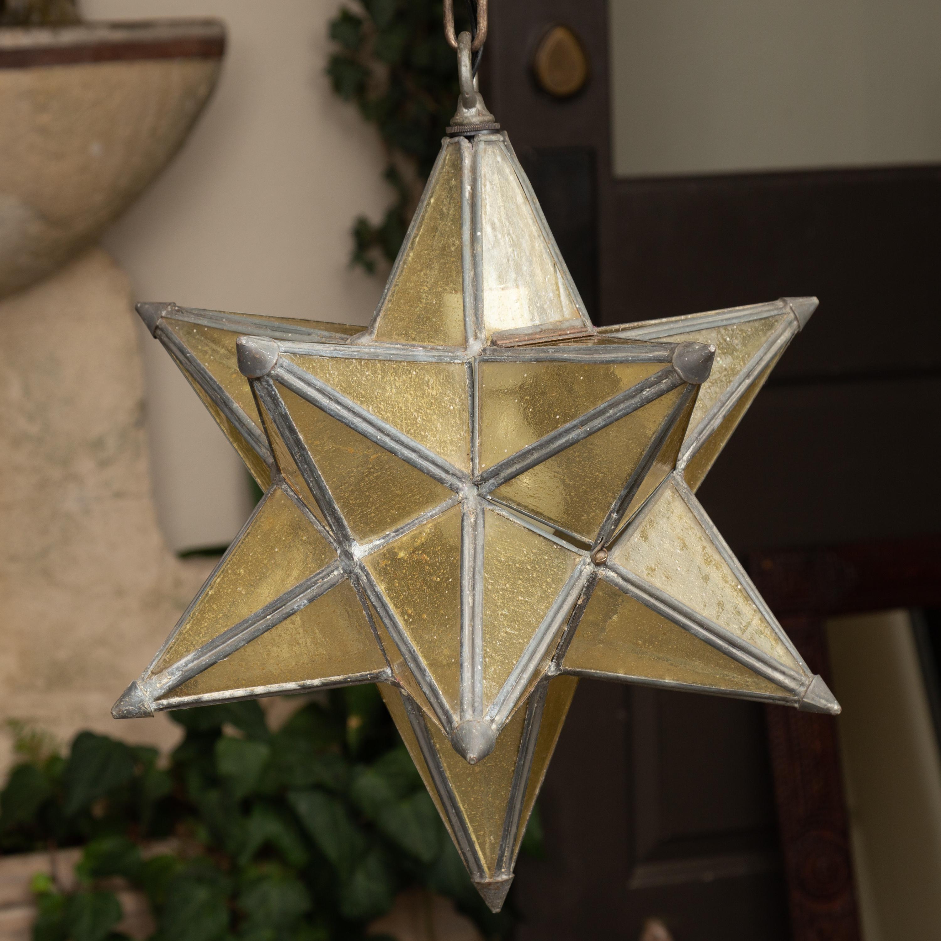French 1930s Star Light Pendant with Metal Frame and Golden Glass Panels 5