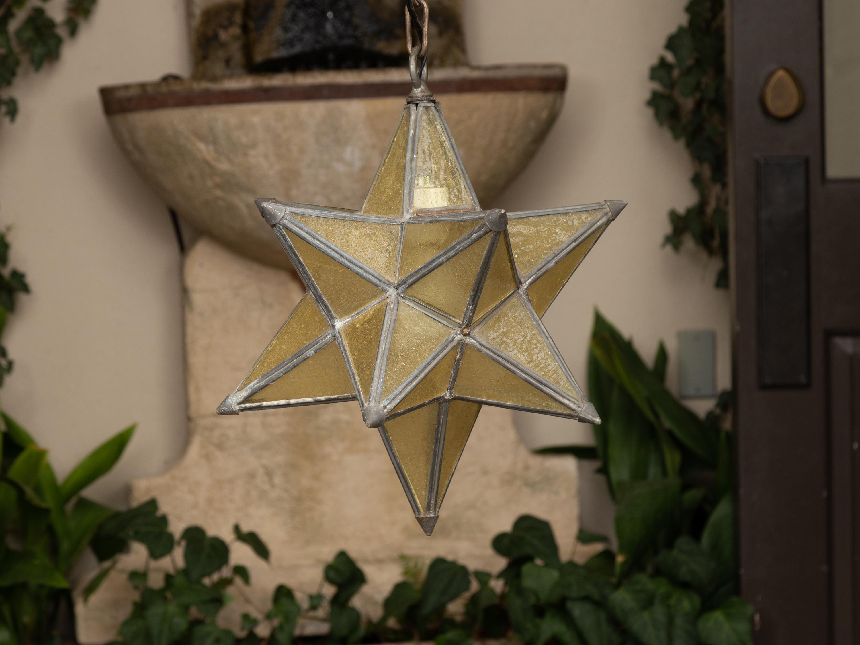 Art Deco French 1930s Star Light Pendant with Metal Frame and Golden Glass Panels