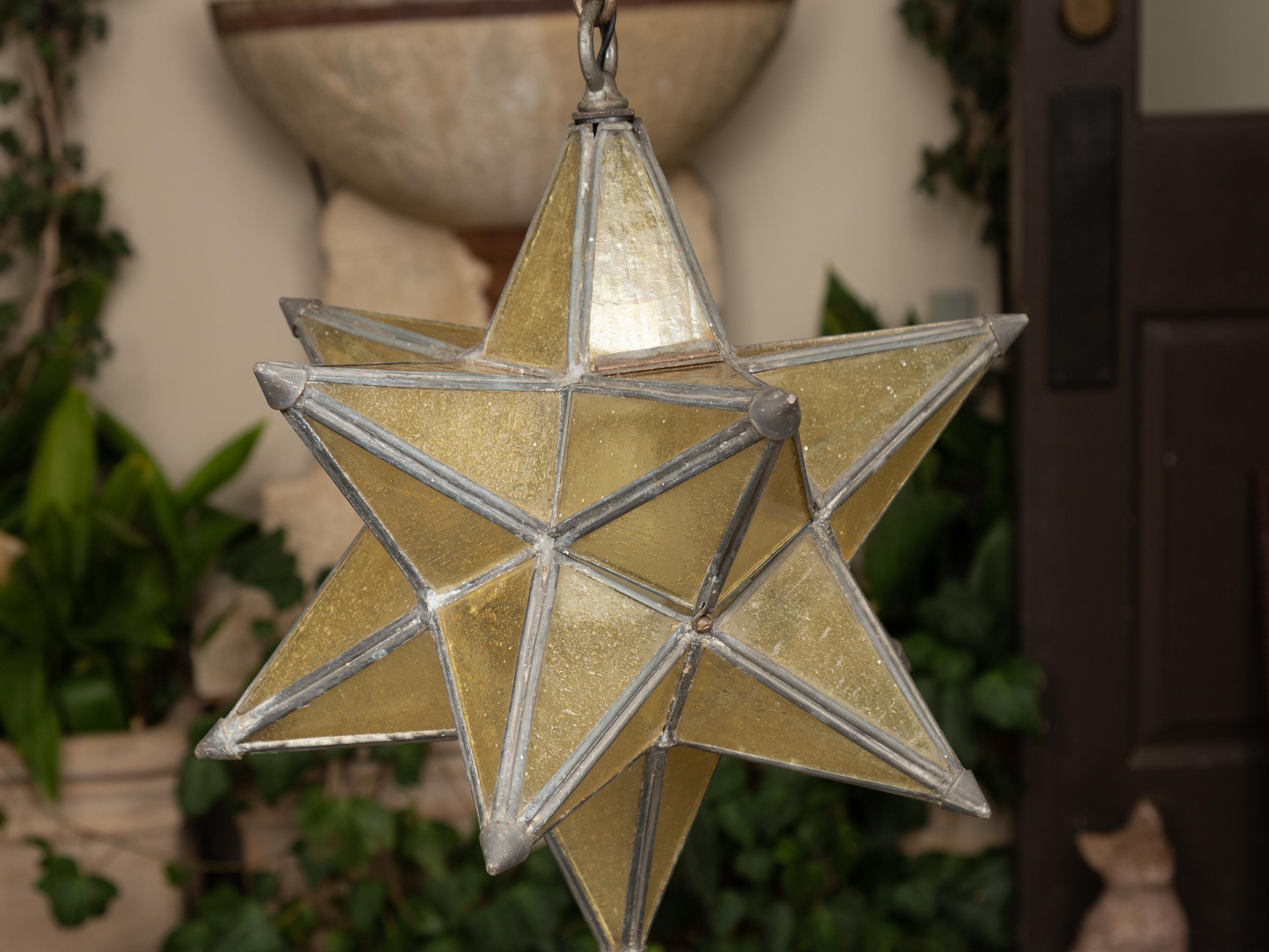 French 1930s Star Light Pendant with Metal Frame and Golden Glass Panels In Good Condition In Atlanta, GA