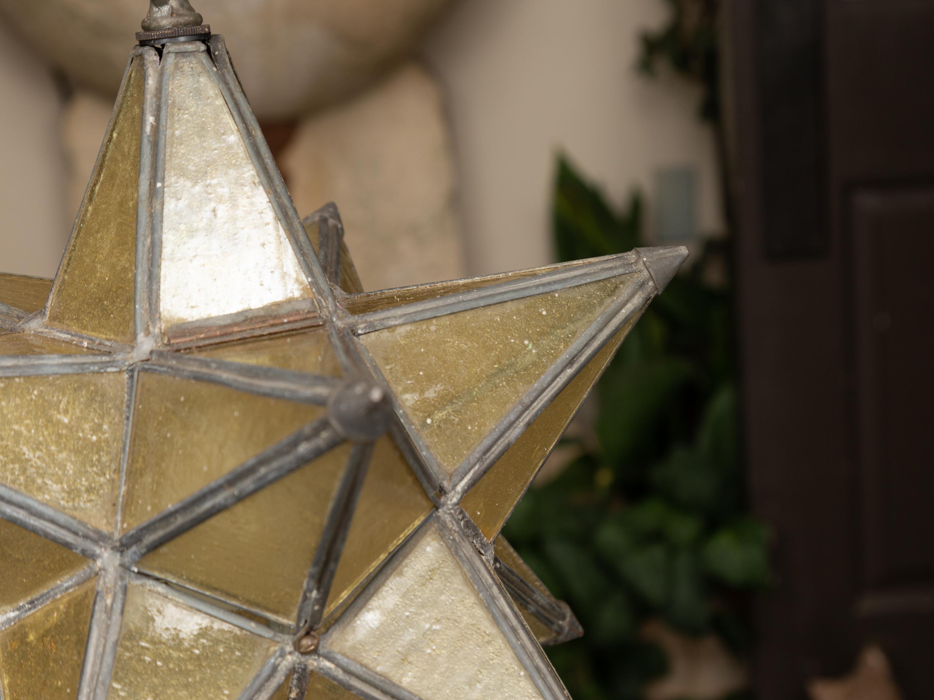 20th Century French 1930s Star Light Pendant with Metal Frame and Golden Glass Panels