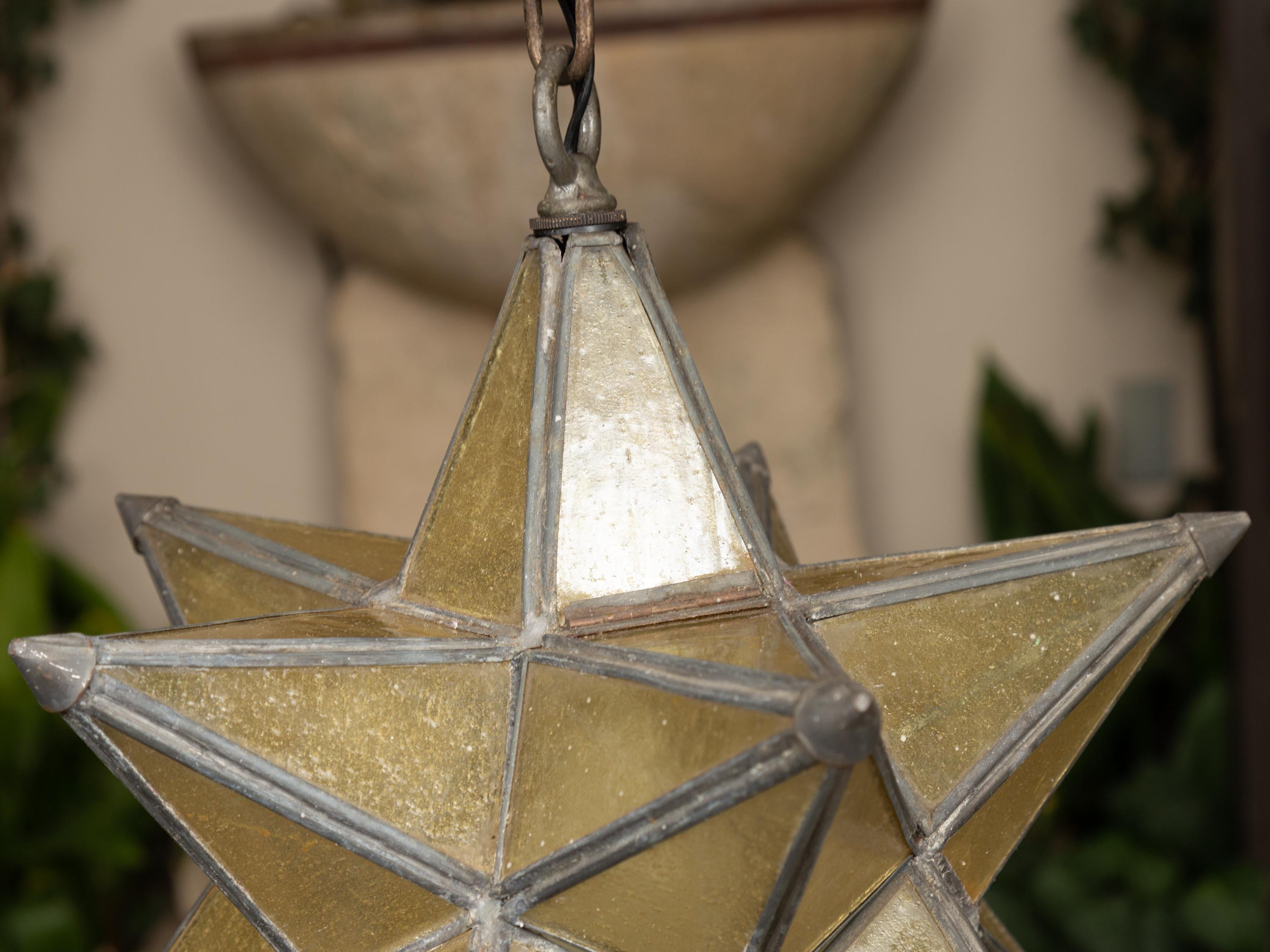 French 1930s Star Light Pendant with Metal Frame and Golden Glass Panels 1