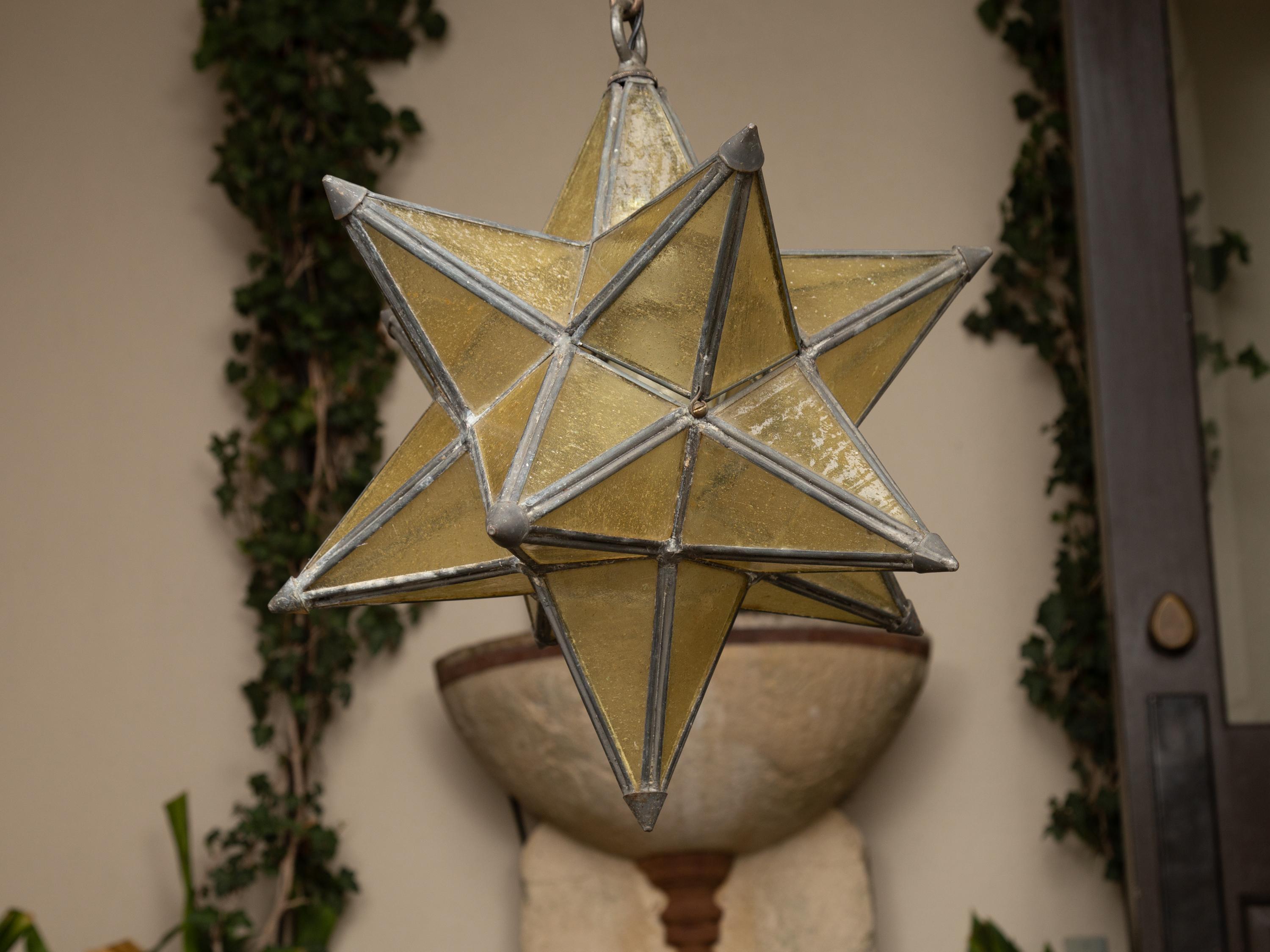 French 1930s Star Light Pendant with Metal Frame and Golden Glass Panels 2