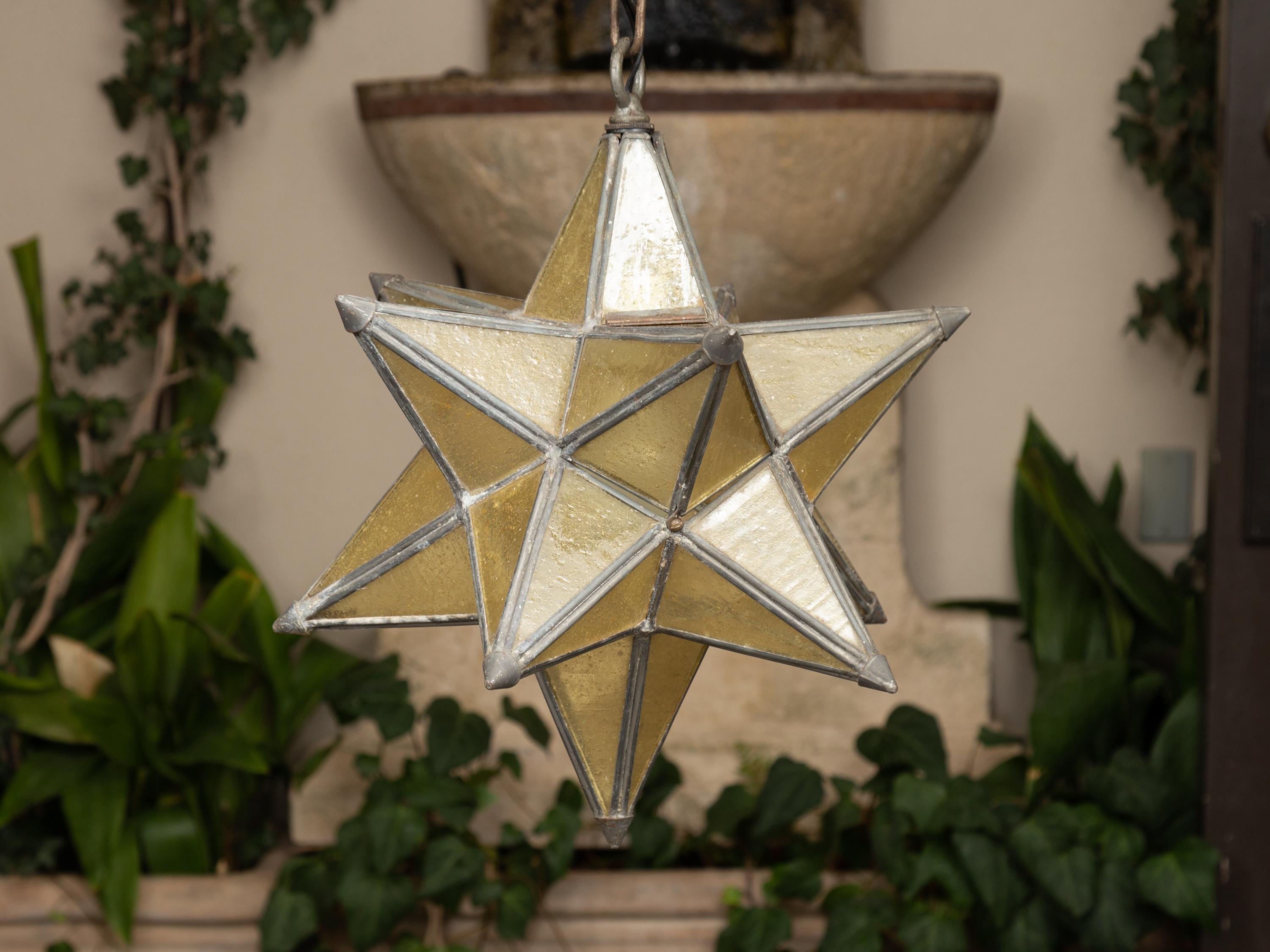 French 1930s Star Light Pendant with Metal Frame and Golden Glass Panels 3