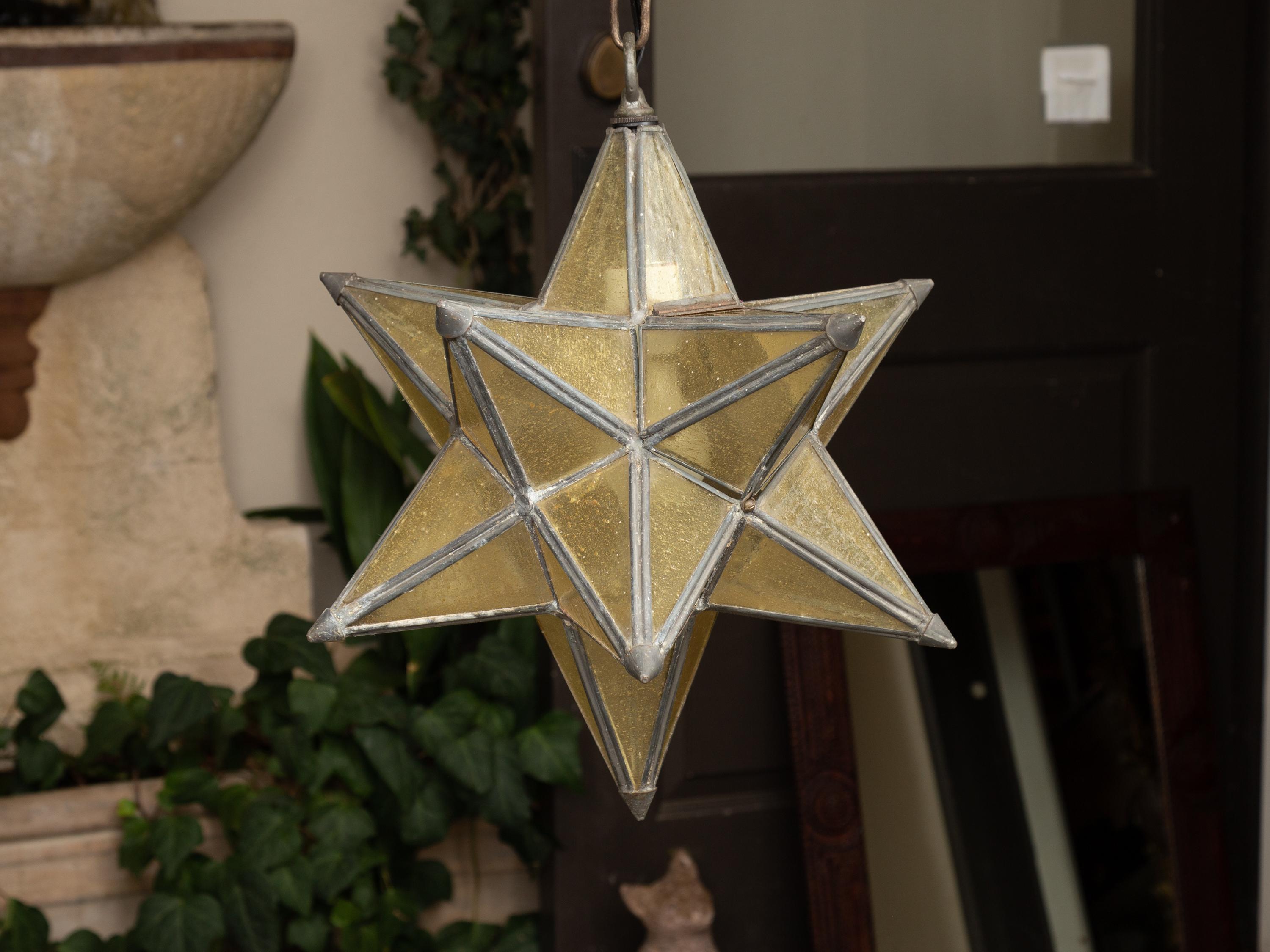 French 1930s Star Light Pendant with Metal Frame and Golden Glass Panels 4