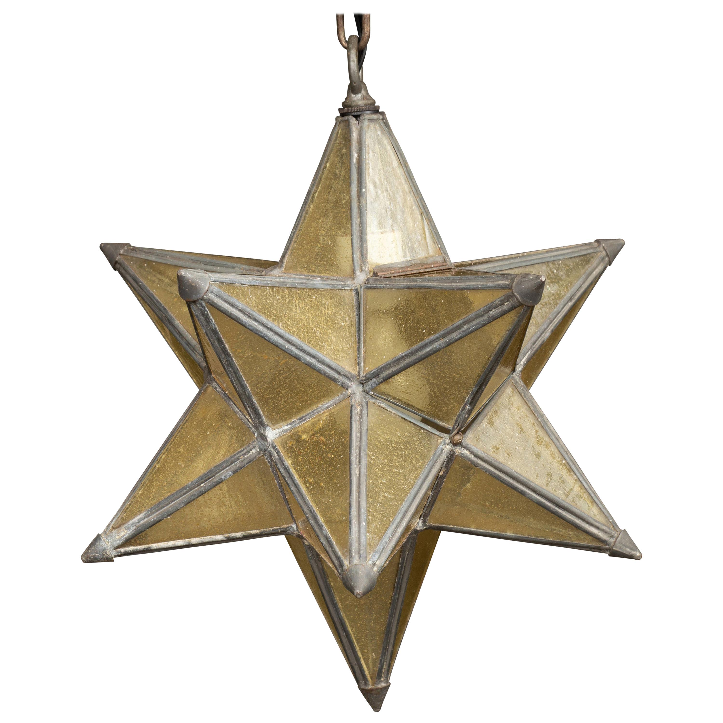 French 1930s Star Light Pendant with Metal Frame and Golden Glass Panels