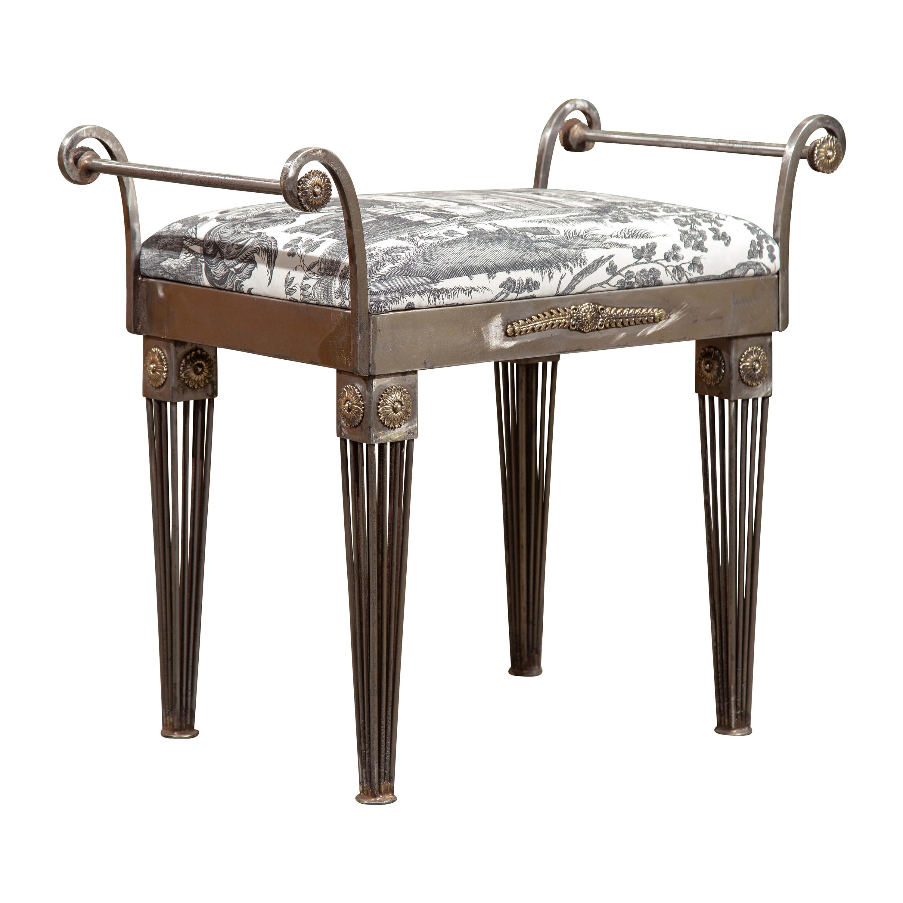 French 1930s Steel Bench with Out-Scrolling Arms, Tapered Legs and Toile Fabric