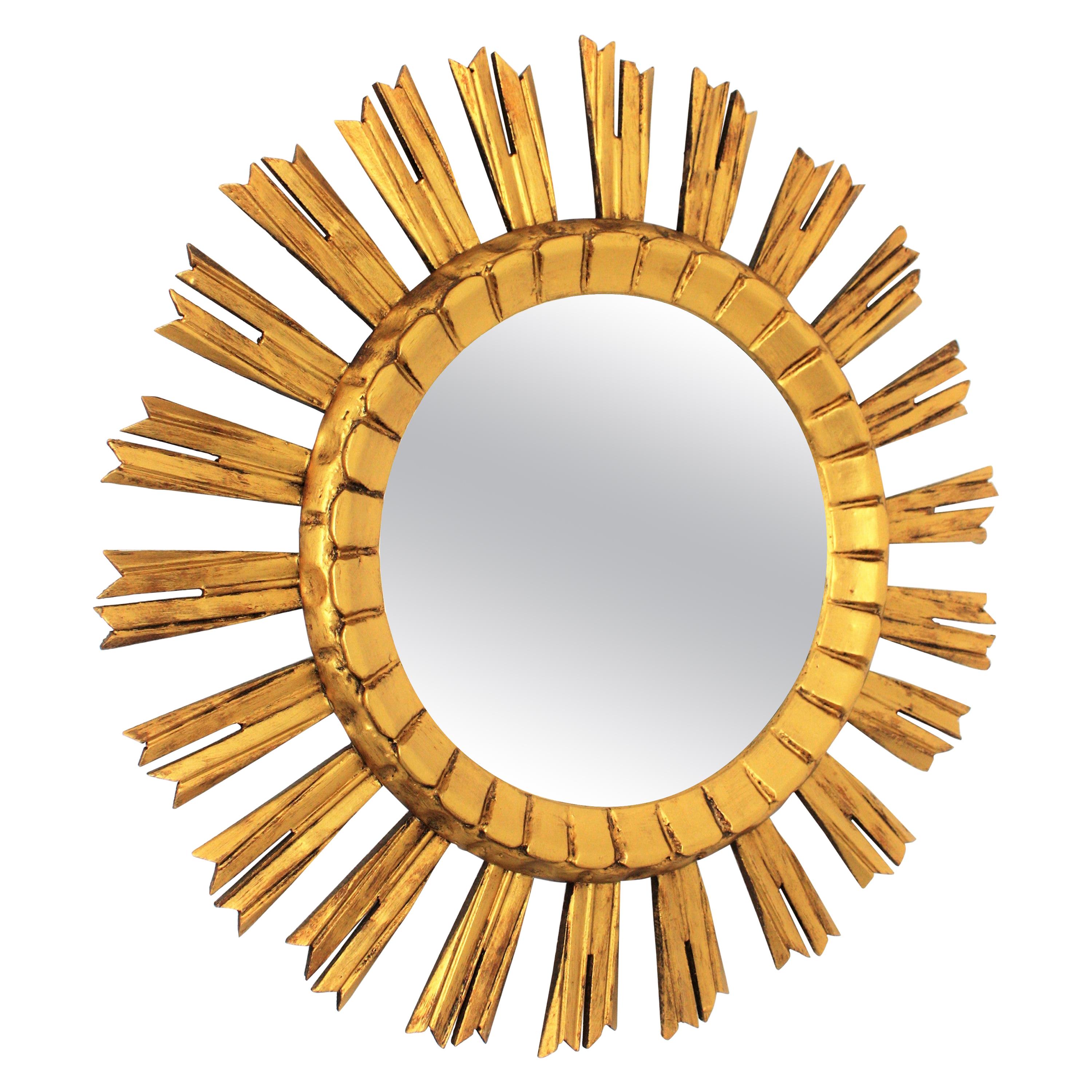 Miroir français Sunburst en bois doré, années 1930 en vente