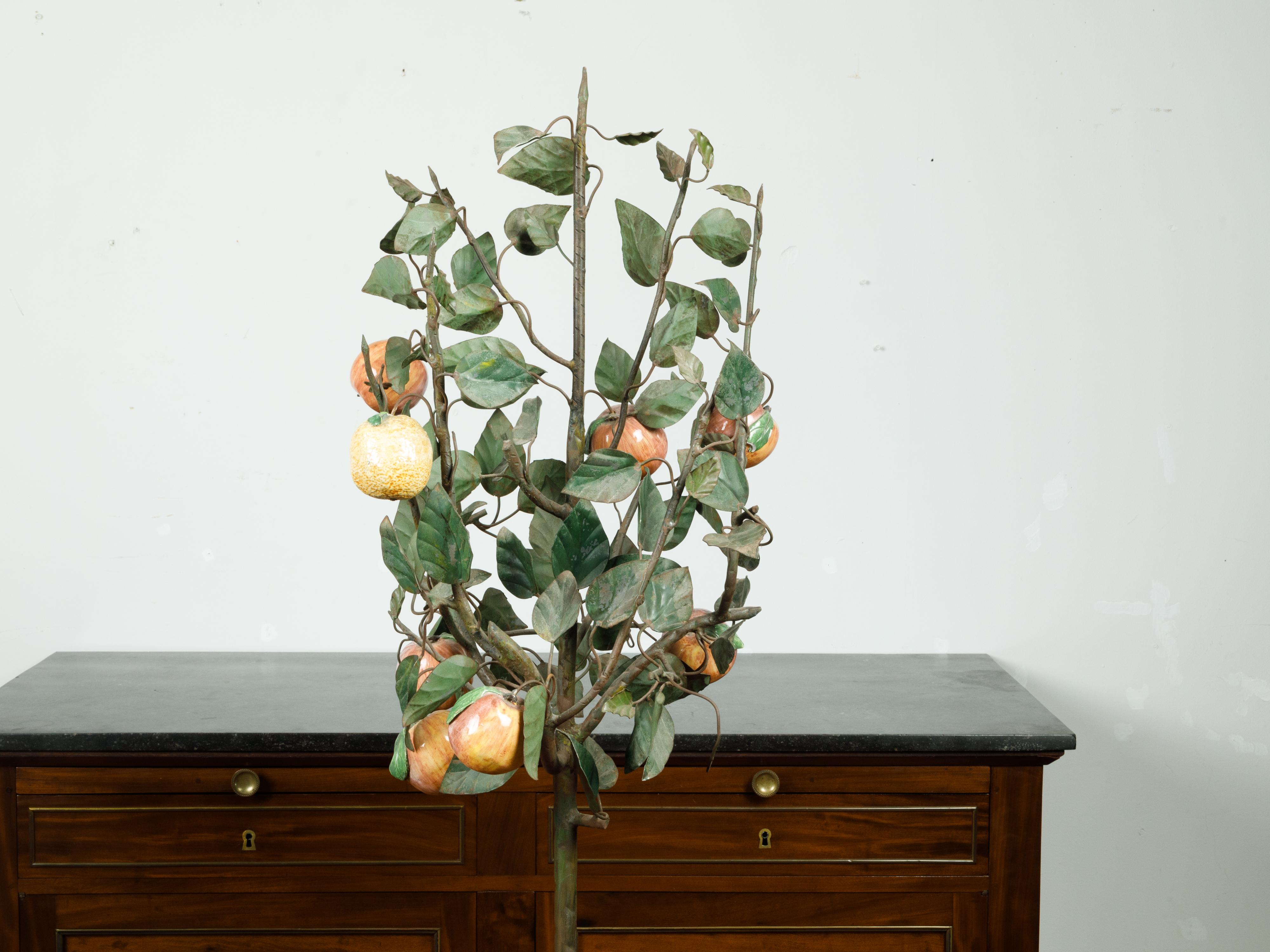 French 1930s Tôle and Glass Tree in Pot Sculpture with Orange and Yellow Fruits For Sale 5