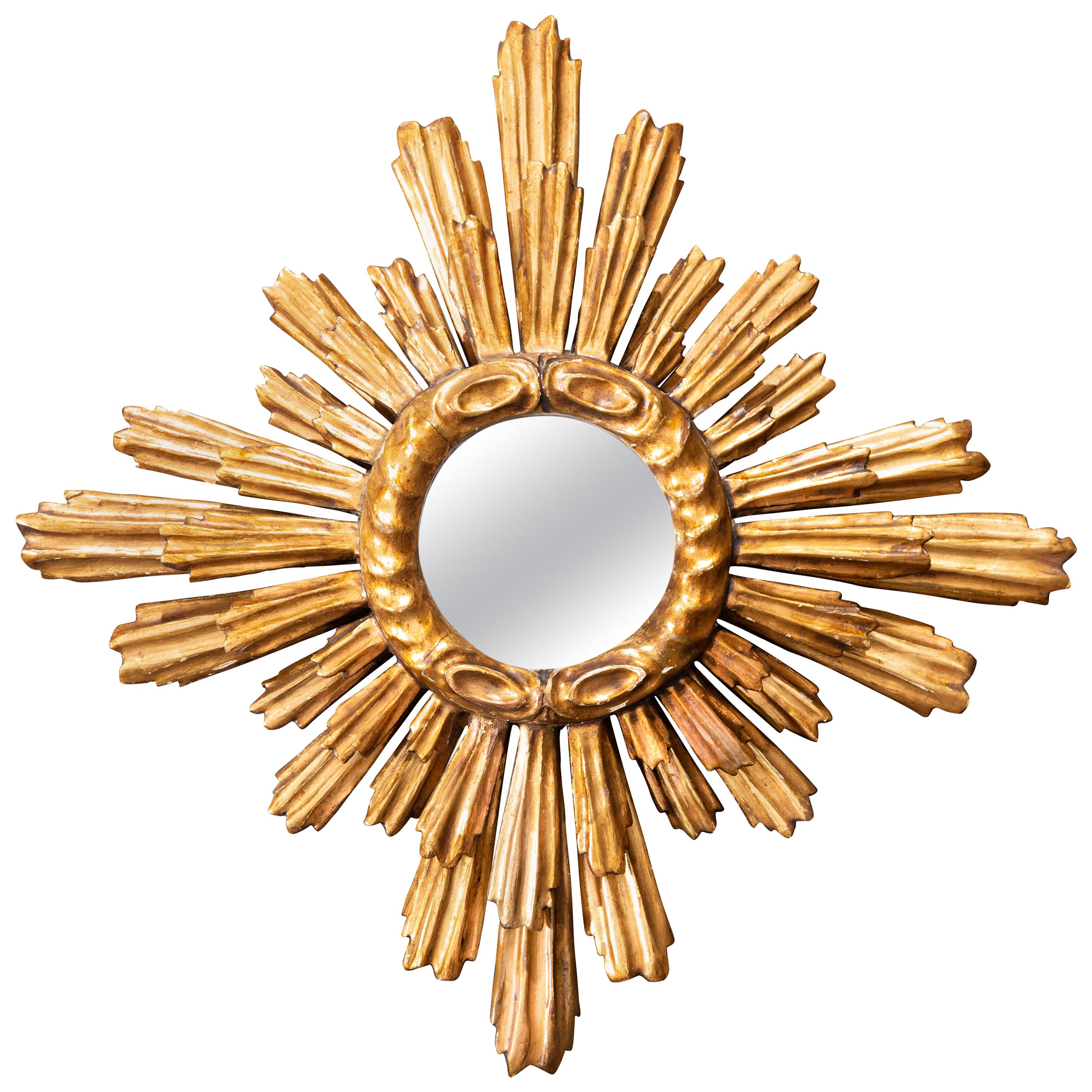 French 1930s Two-Layered Radiating Sunburst Mirror with Cloudy Frame