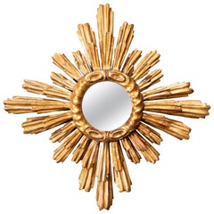 Antique French 1930s Two-Layered Radiating Sunburst Mirror with Cloudy Frame