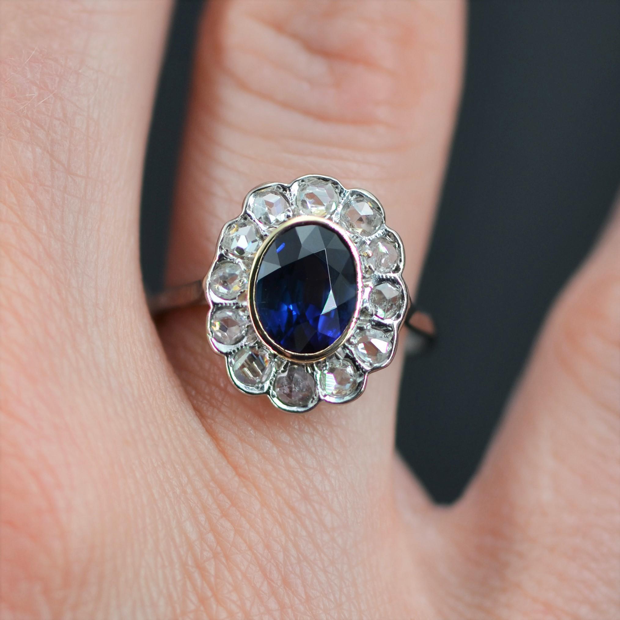 Oval Cut French 1930s Verneuil Sapphire Diamonds Platinum 18 Karat White Gold Ring