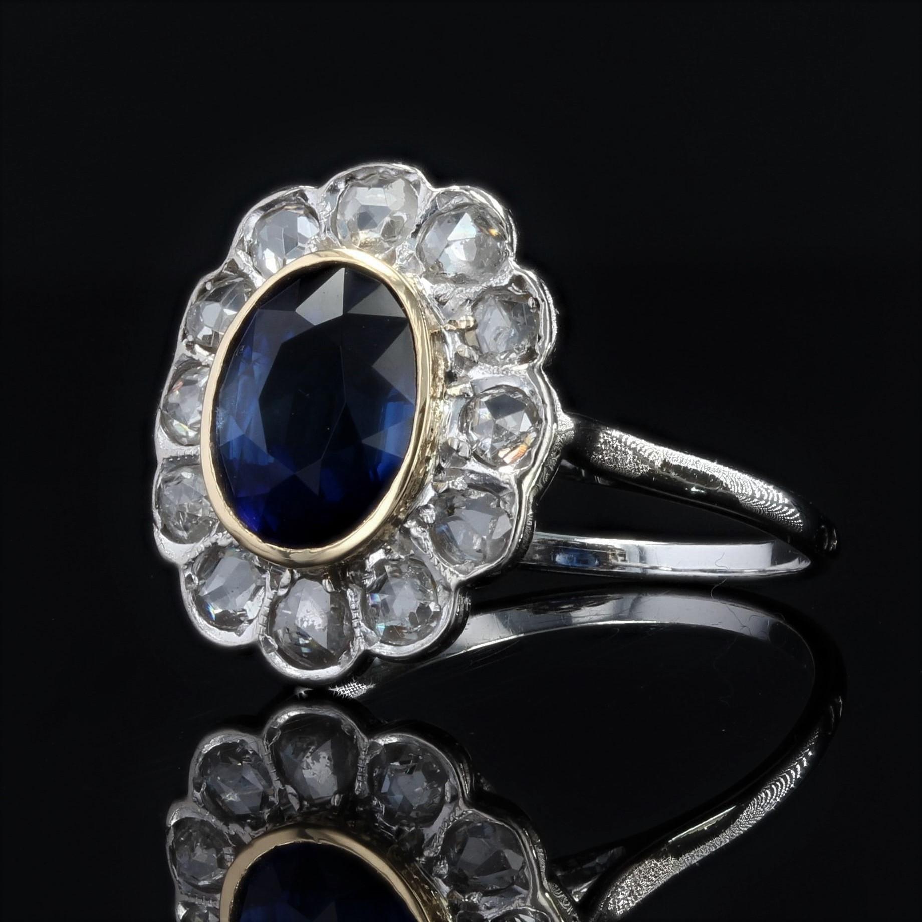 French 1930s Verneuil Sapphire Diamonds Platinum 18 Karat White Gold Ring In Good Condition In Poitiers, FR