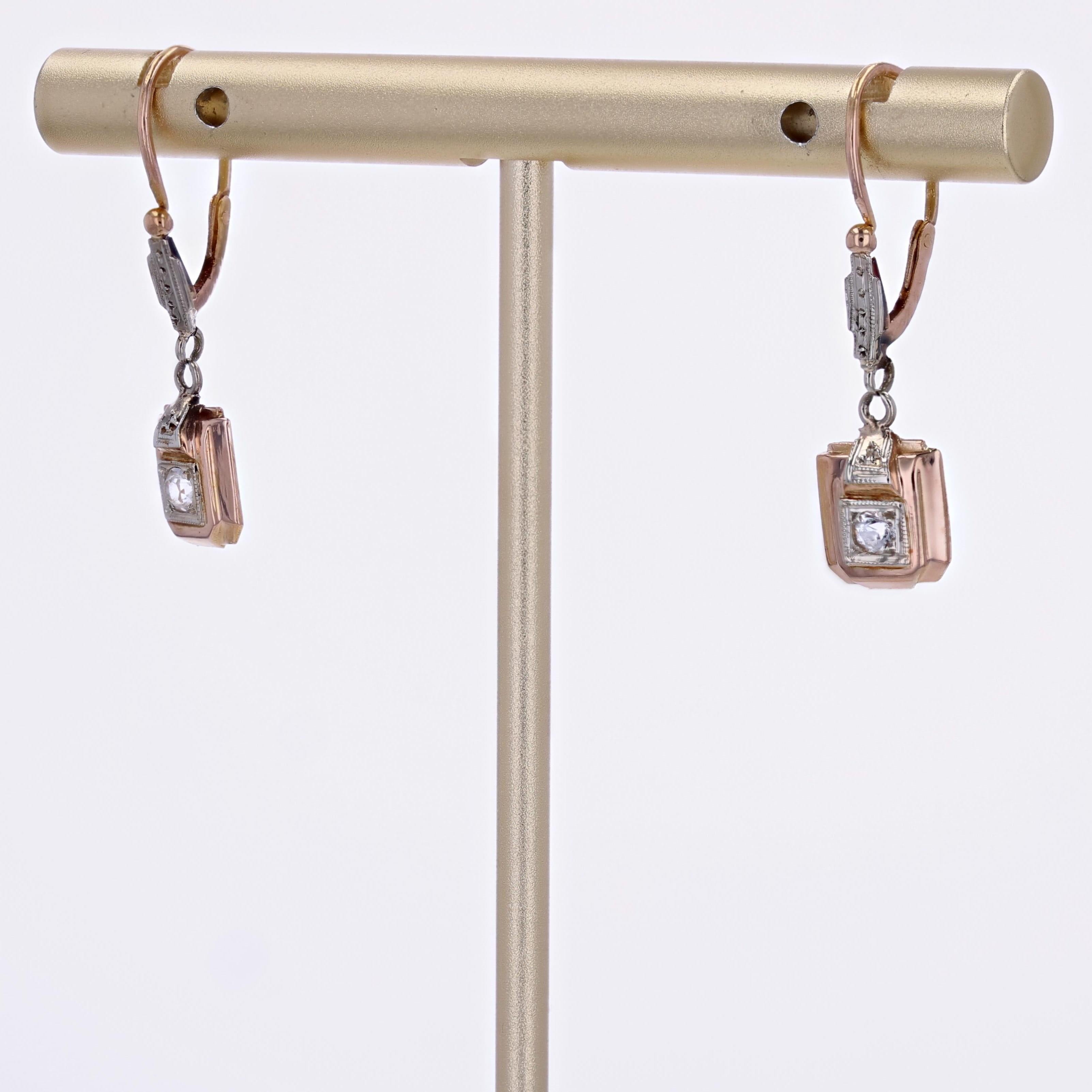 Round Cut French 1930s White Sapphire 18 Karat Rose White Gold Dangle Earrings