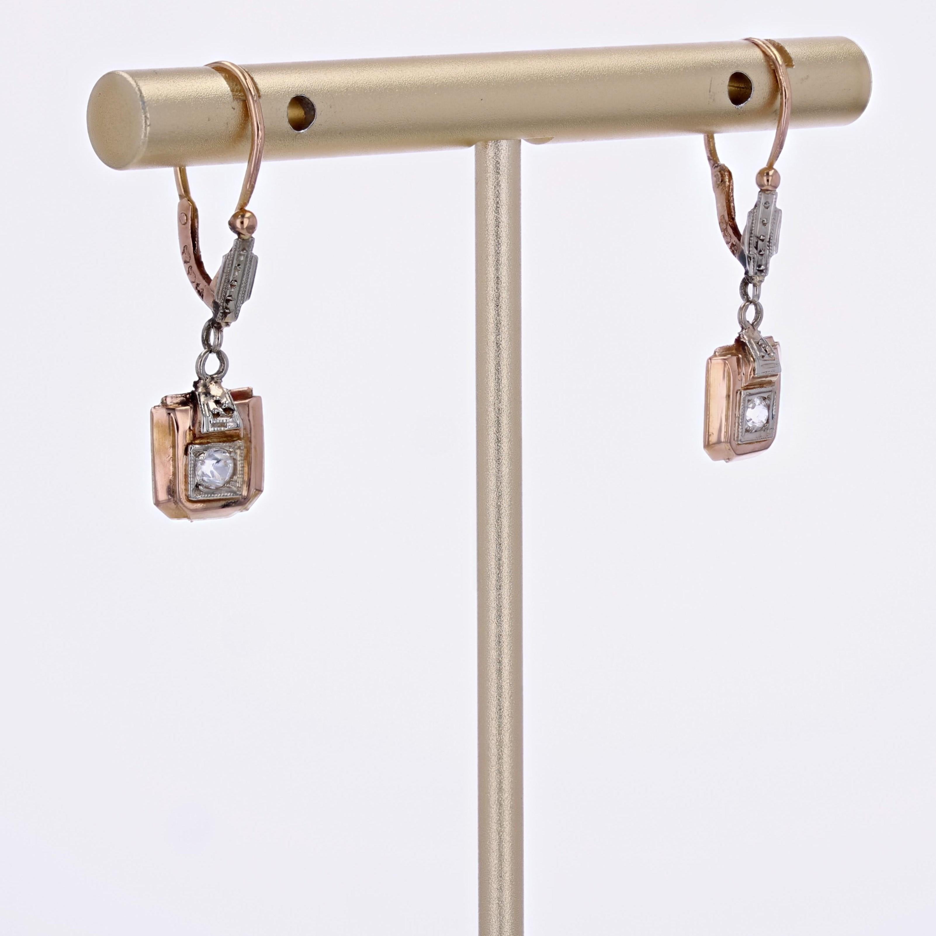 French 1930s White Sapphire 18 Karat Rose White Gold Dangle Earrings In Good Condition In Poitiers, FR