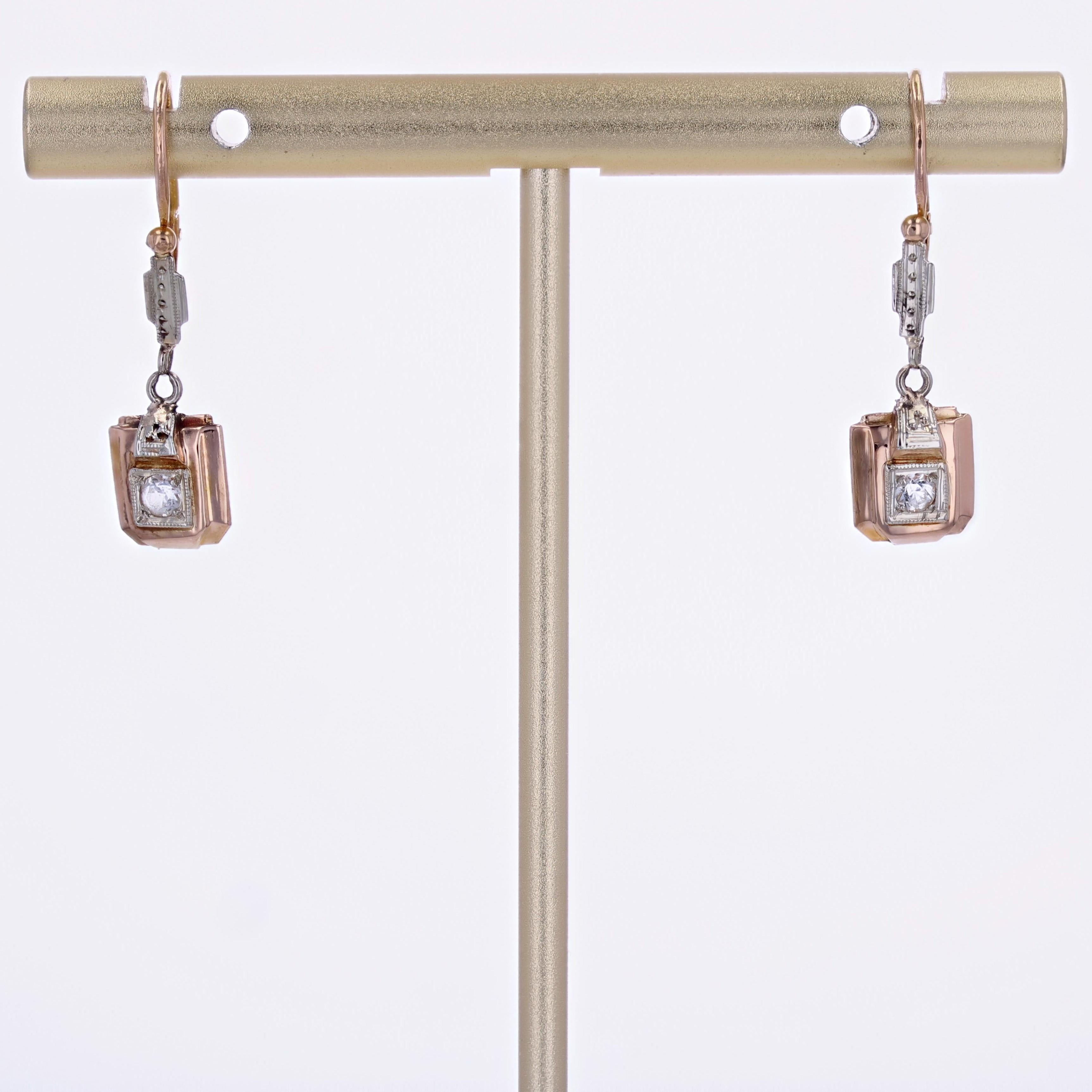 French 1930s White Sapphire 18 Karat Rose White Gold Dangle Earrings 2