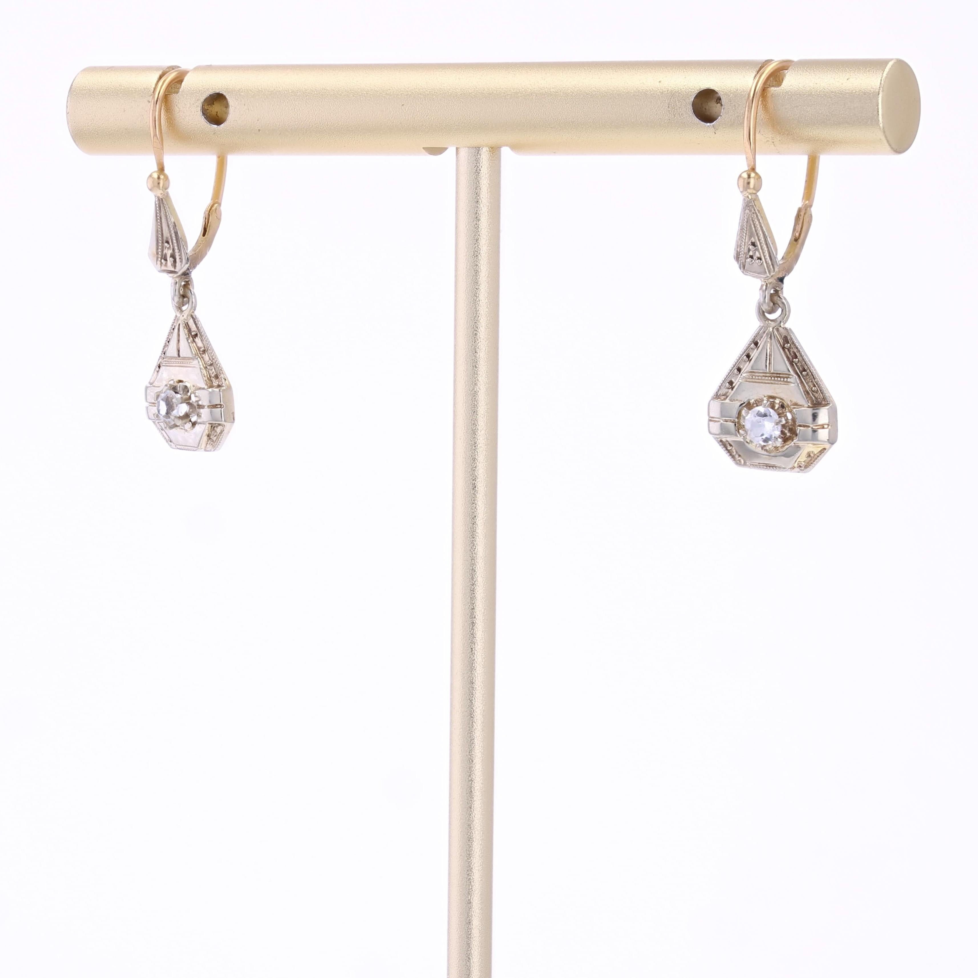 Round Cut French 1930s White Sapphire 18 Karat Yellow White Gold Dangle Earrings