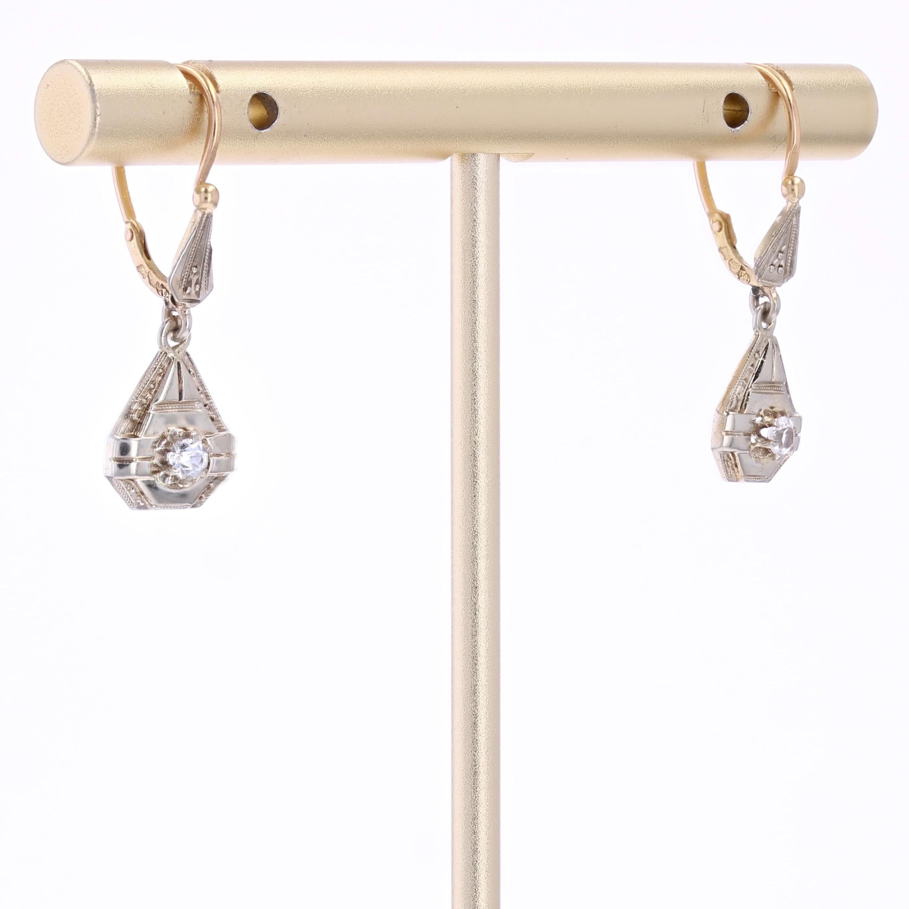 French 1930s White Sapphire 18 Karat Yellow White Gold Dangle Earrings In Good Condition In Poitiers, FR
