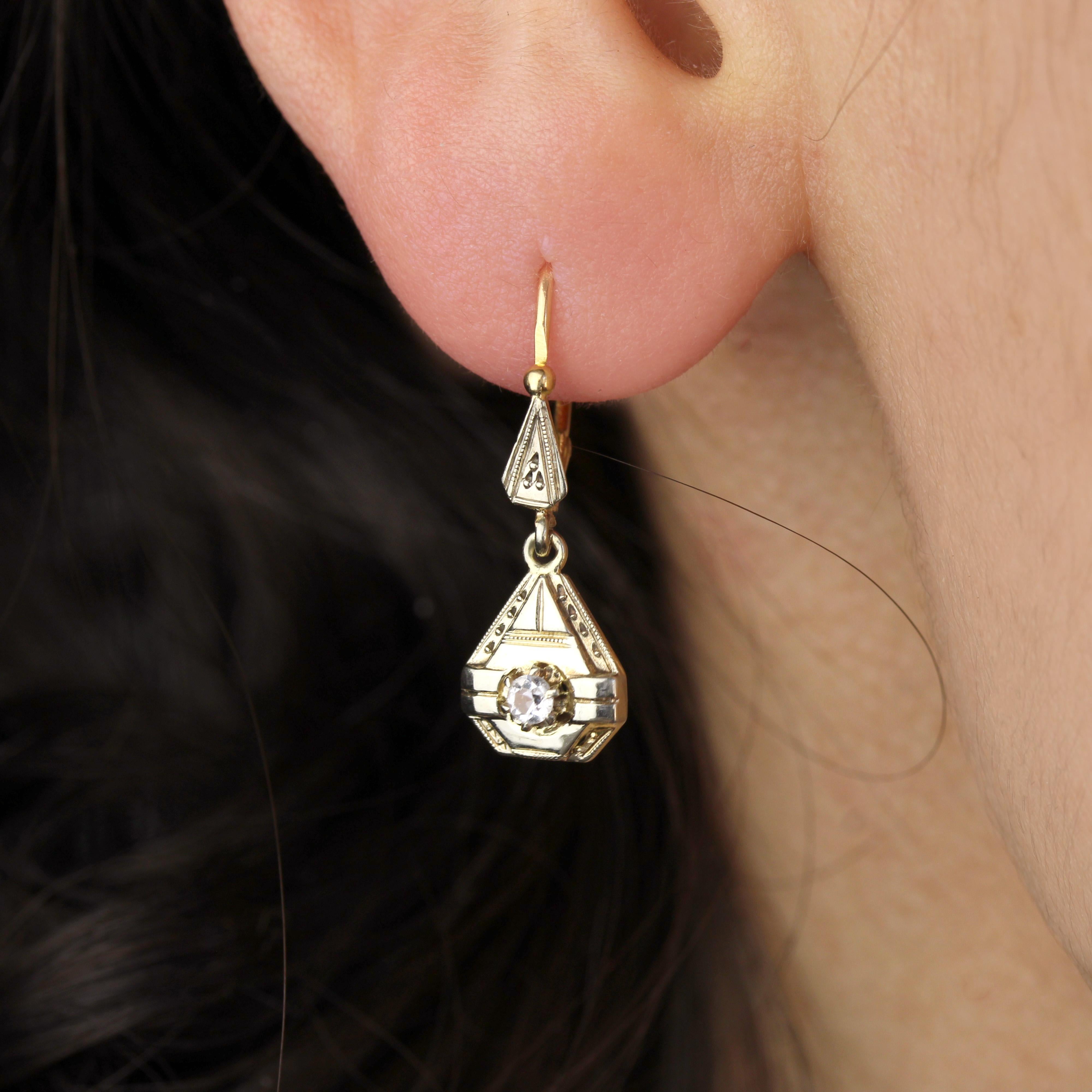 French 1930s White Sapphire 18 Karat Yellow White Gold Dangle Earrings 1