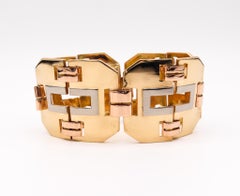 French 1935 Art Deco Retro Tricolor Geometric Tank Bracelet in 18Kt Solid Gold