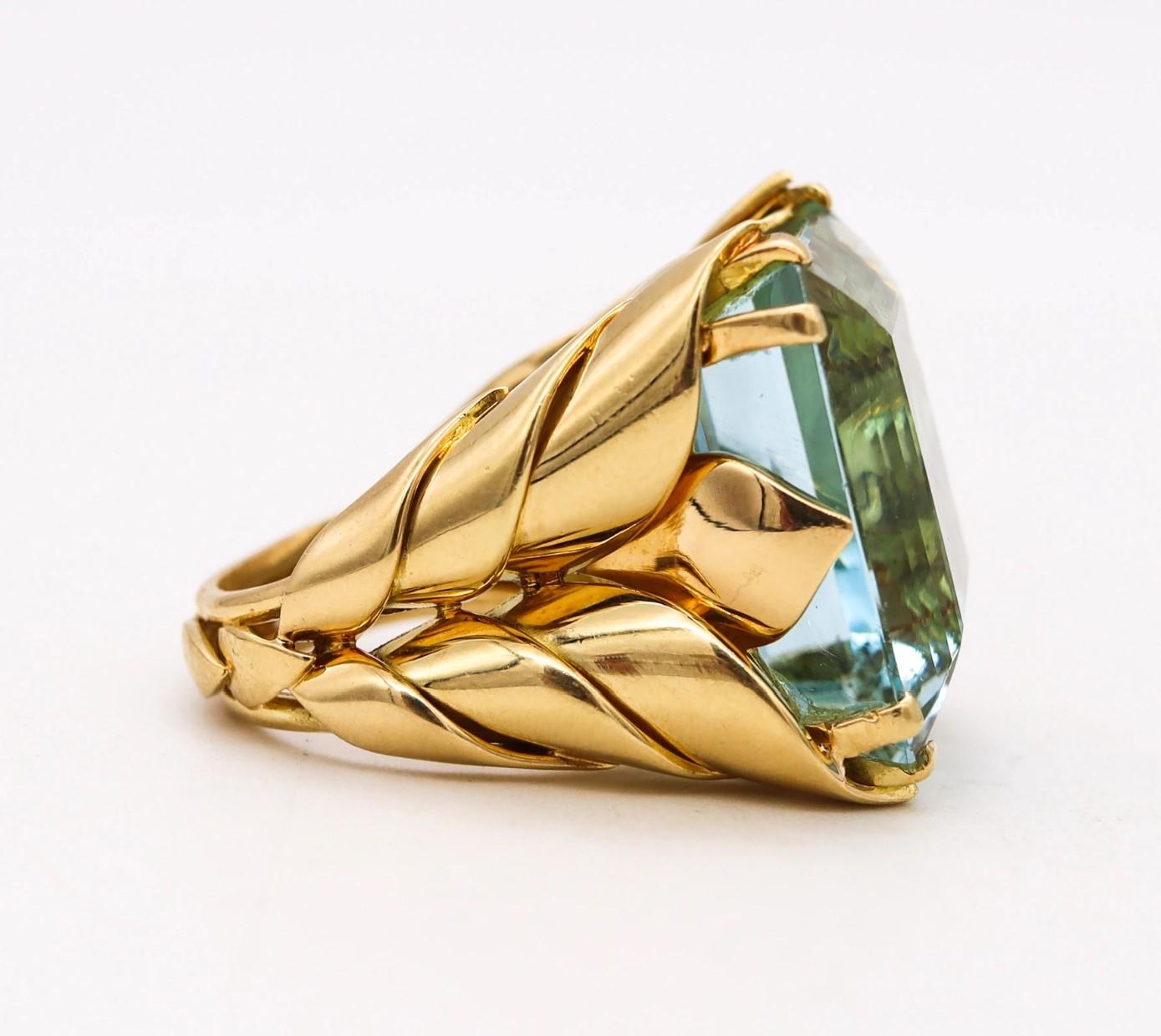 Emerald Cut French 1937 Art Deco Retro Statement Cocktail Ring 18Kt Gold 39.85 Aquamarine