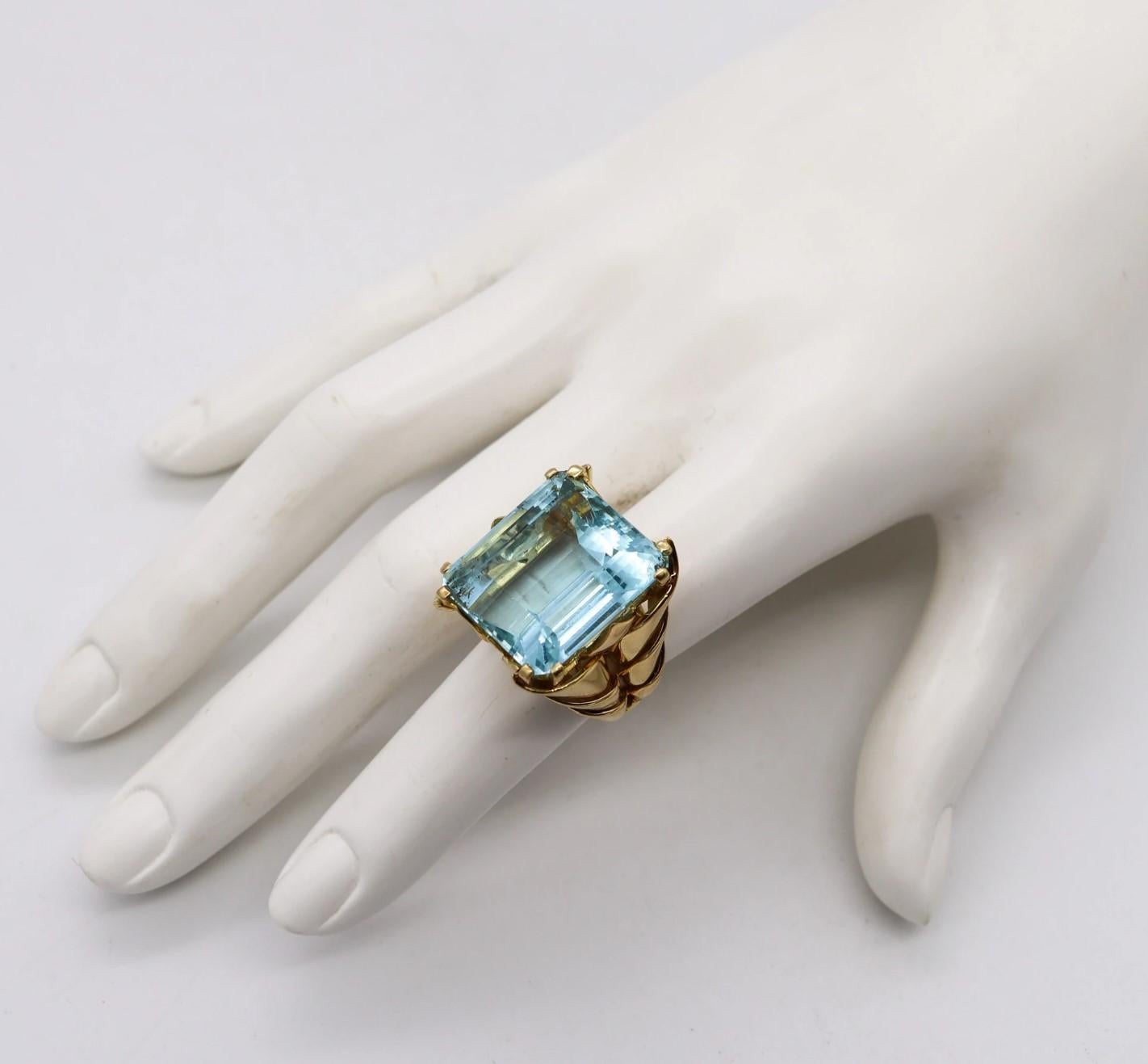 French 1937 Art Deco Retro Statement Cocktail Ring 18Kt Gold 39.85 Aquamarine 3