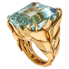 Anello da cocktail francese del 1937 in stile Art Deco Retro, oro 18Kt 39,85 Acquamarina
