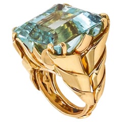 French 1937 Art Deco Vintage Statement Cocktail Ring 18Kt Gold 39.85 Aquamarine