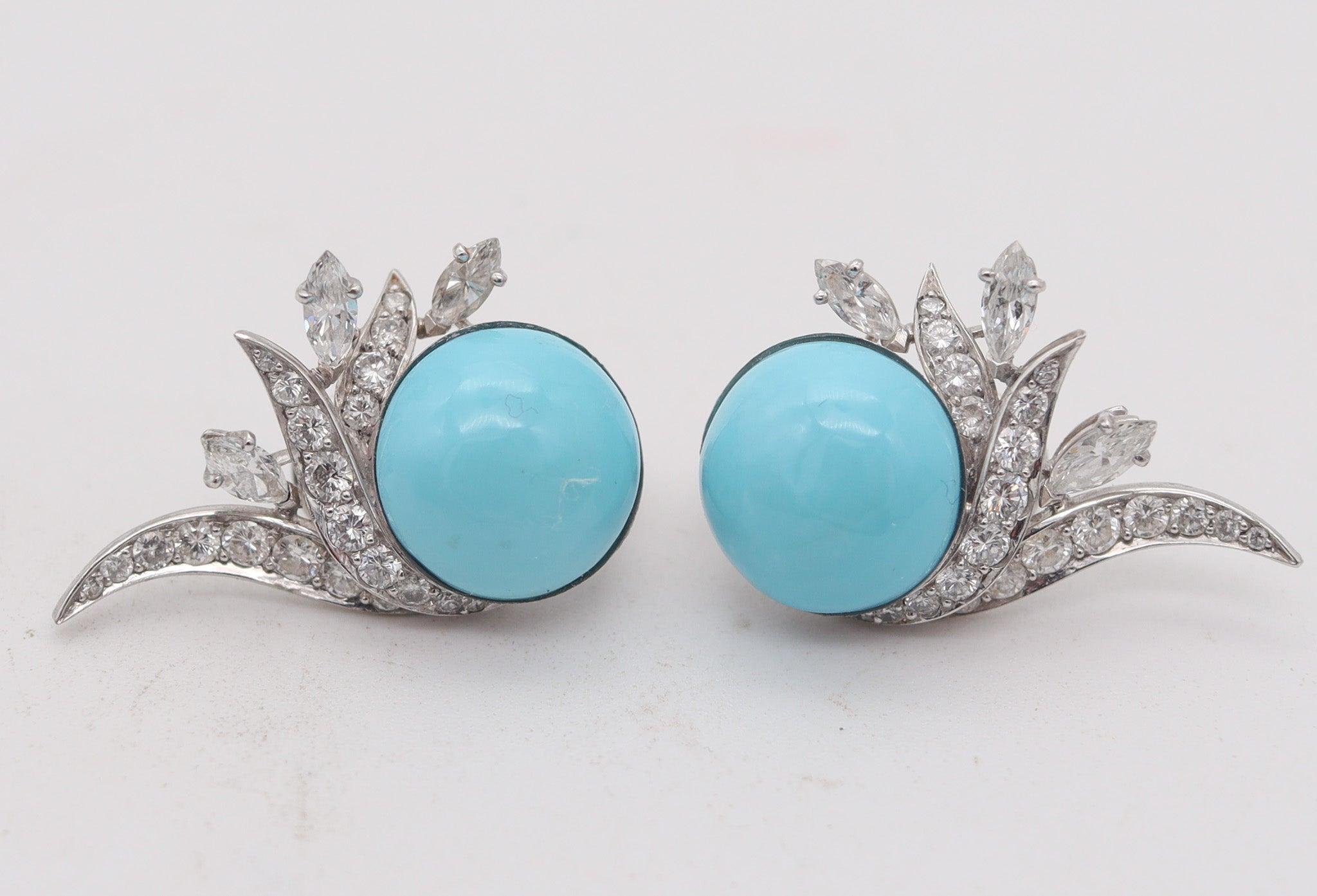 Art Deco FRENCH 1938 Art-Deco Platinum Clips Earrings With 27.62 Ctw Diamonds & Turquoise For Sale