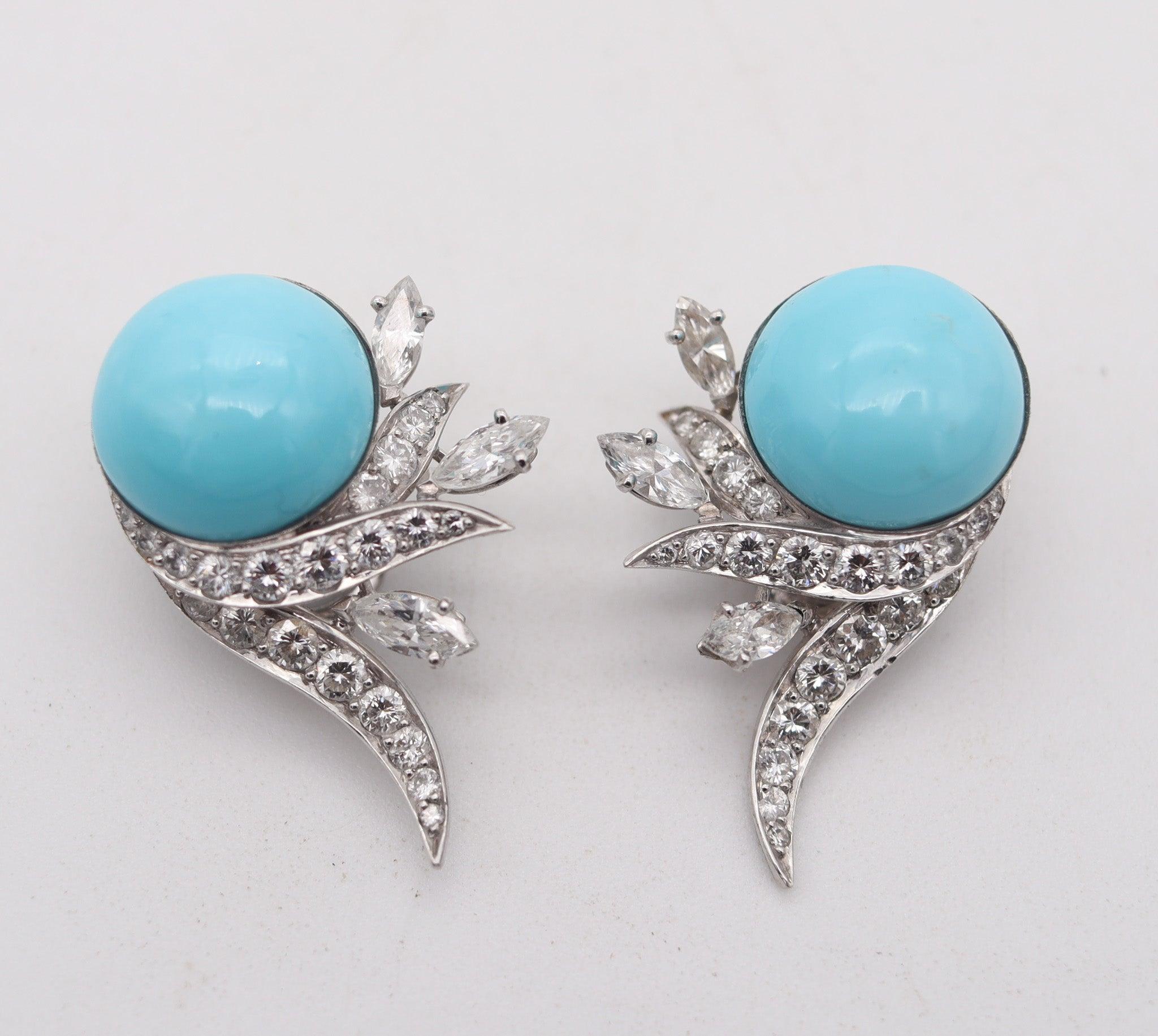 Old European Cut FRENCH 1938 Art-Deco Platinum Clips Earrings With 27.62 Ctw Diamonds & Turquoise For Sale